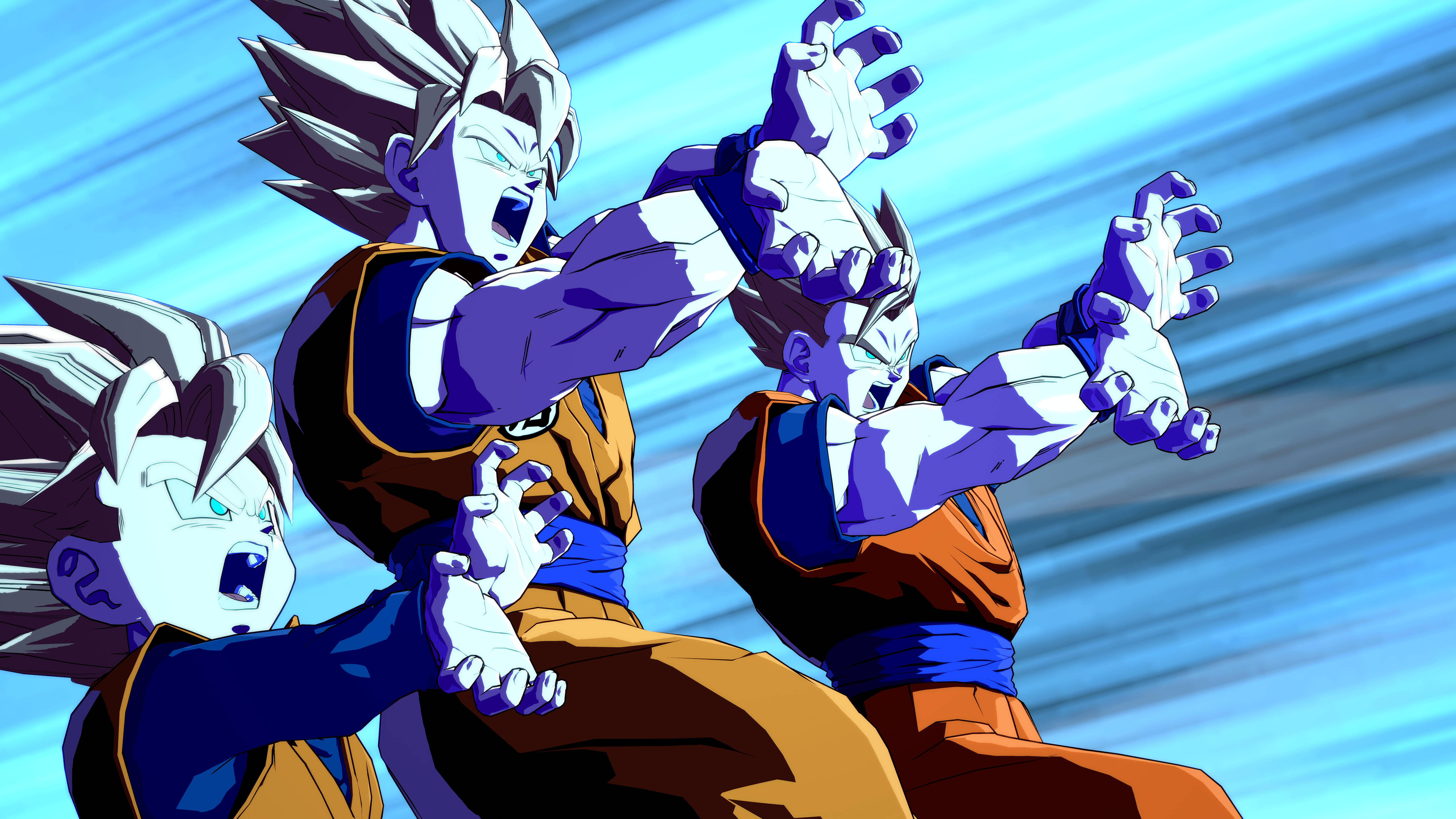 Goten 桌布 壁紙 — 三名超級賽亞人形態的賽亞人戰士，在帶有條紋的藍天下釋放出強大的能量爆炸。