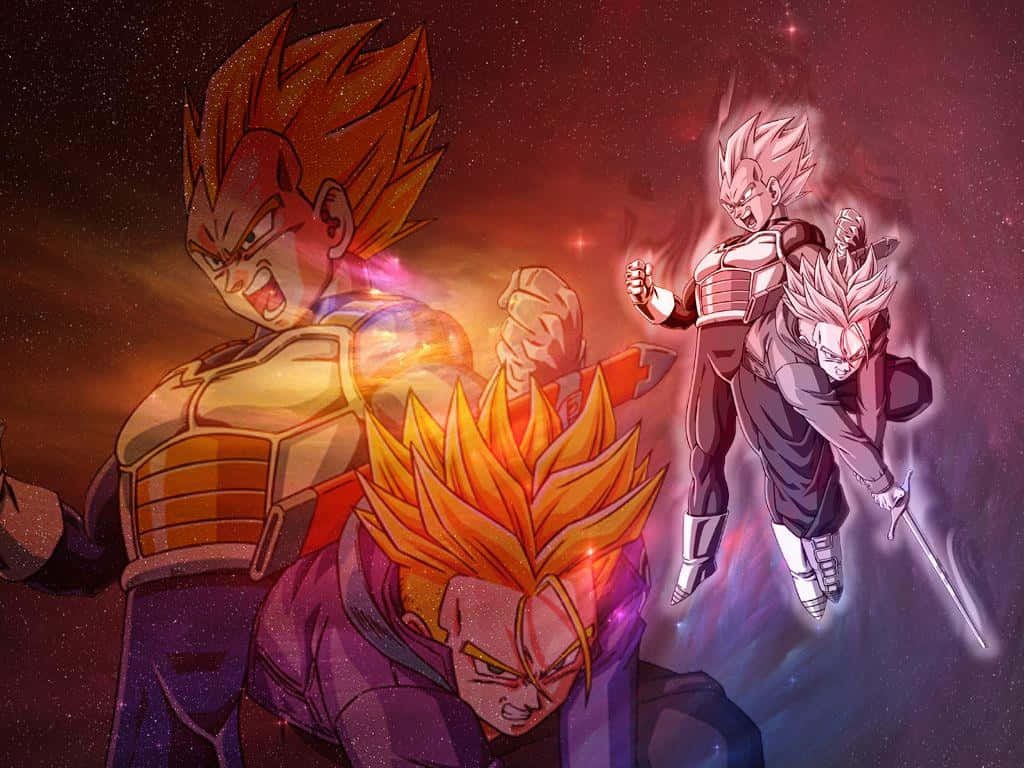 Vegeta And Trunks 桌布 壁紙 — 三名超級賽亞人形態的賽亞人戰士在宇宙星空中戰鬥，伴隨著發光能量效果。