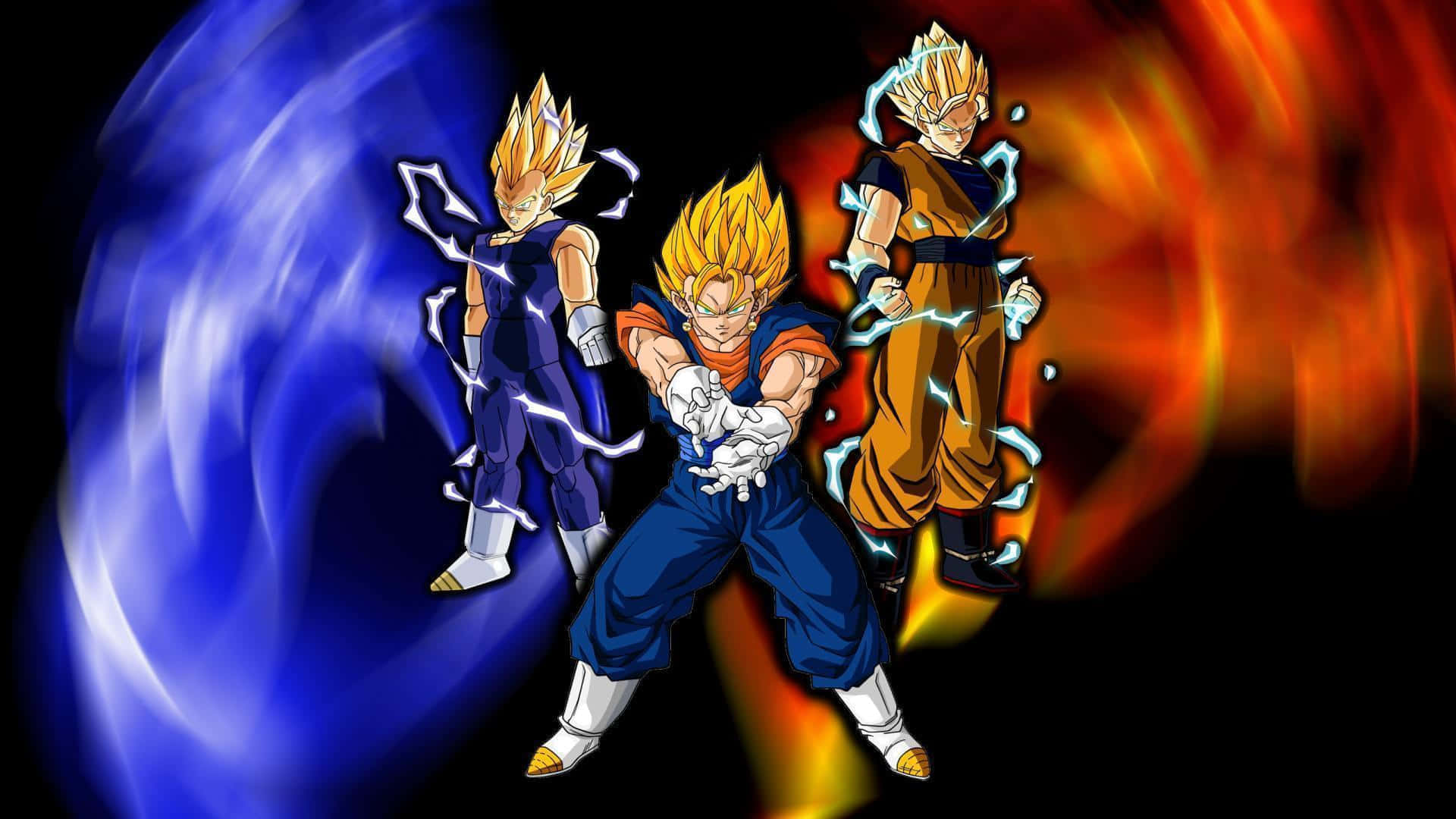 Dragon Ball Z Characters 桌布 壁紙 — 三名超級賽亞人戰士以動感姿態站立，被旋轉的藍色和橙色能量包圍，背景為黑色。