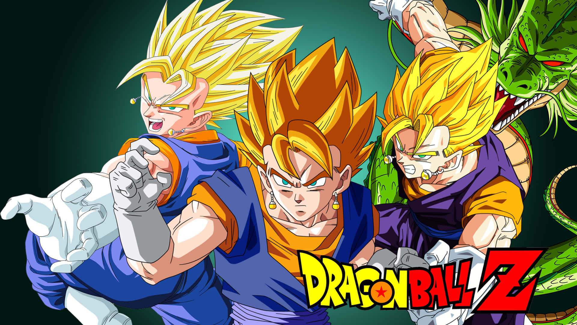 Dragon Ball Z Characters 桌布 壁紙 — 三名超級賽亞人戰士和一條綠色龍在深綠色背景上動態擺姿勢，並帶有龍珠Z標誌。