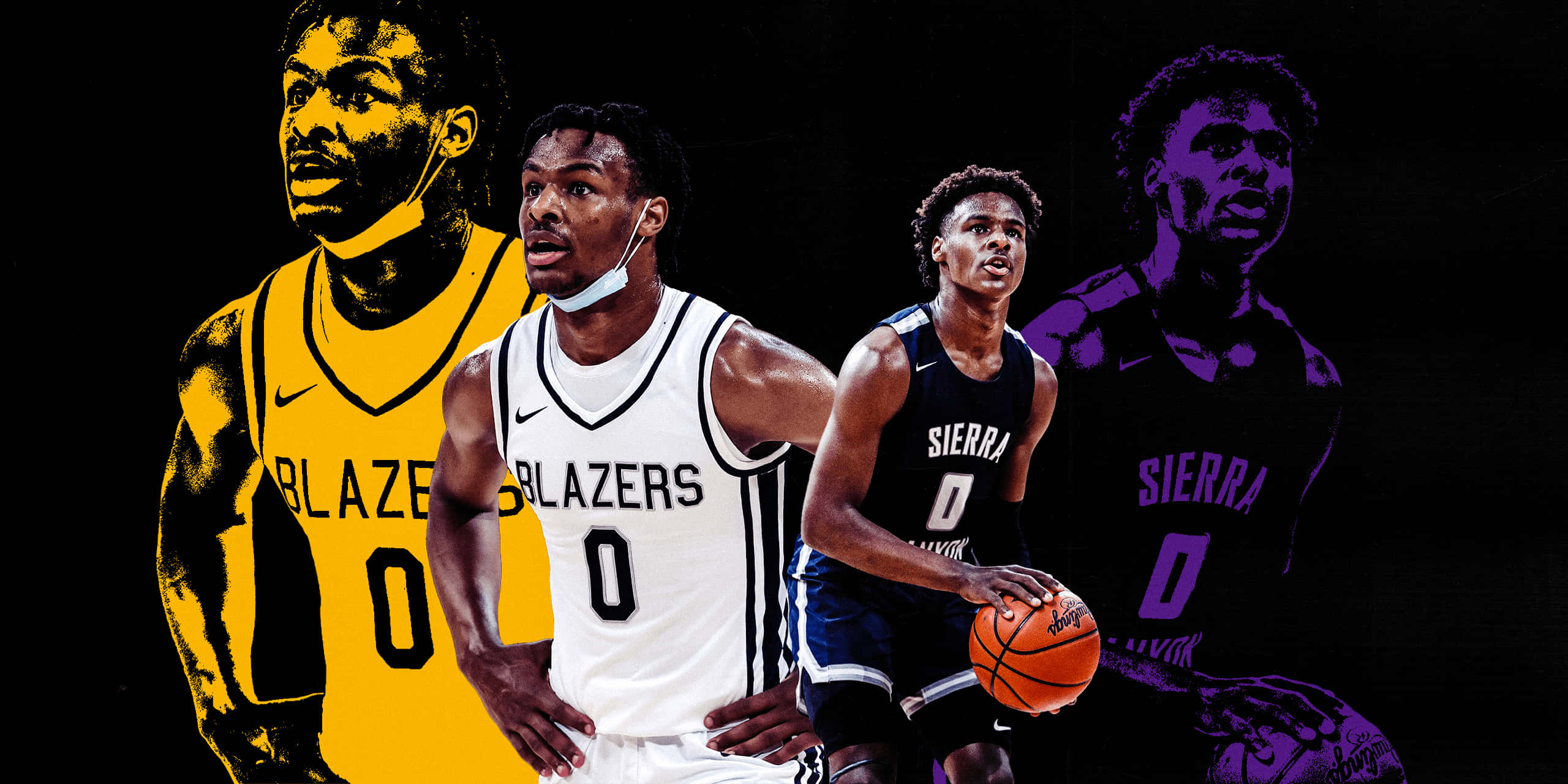 Bronny James 桌布 壁紙 — 三名身穿 Blazers 球衣的籃球運動員在黑色背景上以風格化的黃色和紫色剪影動態擺姿勢。
