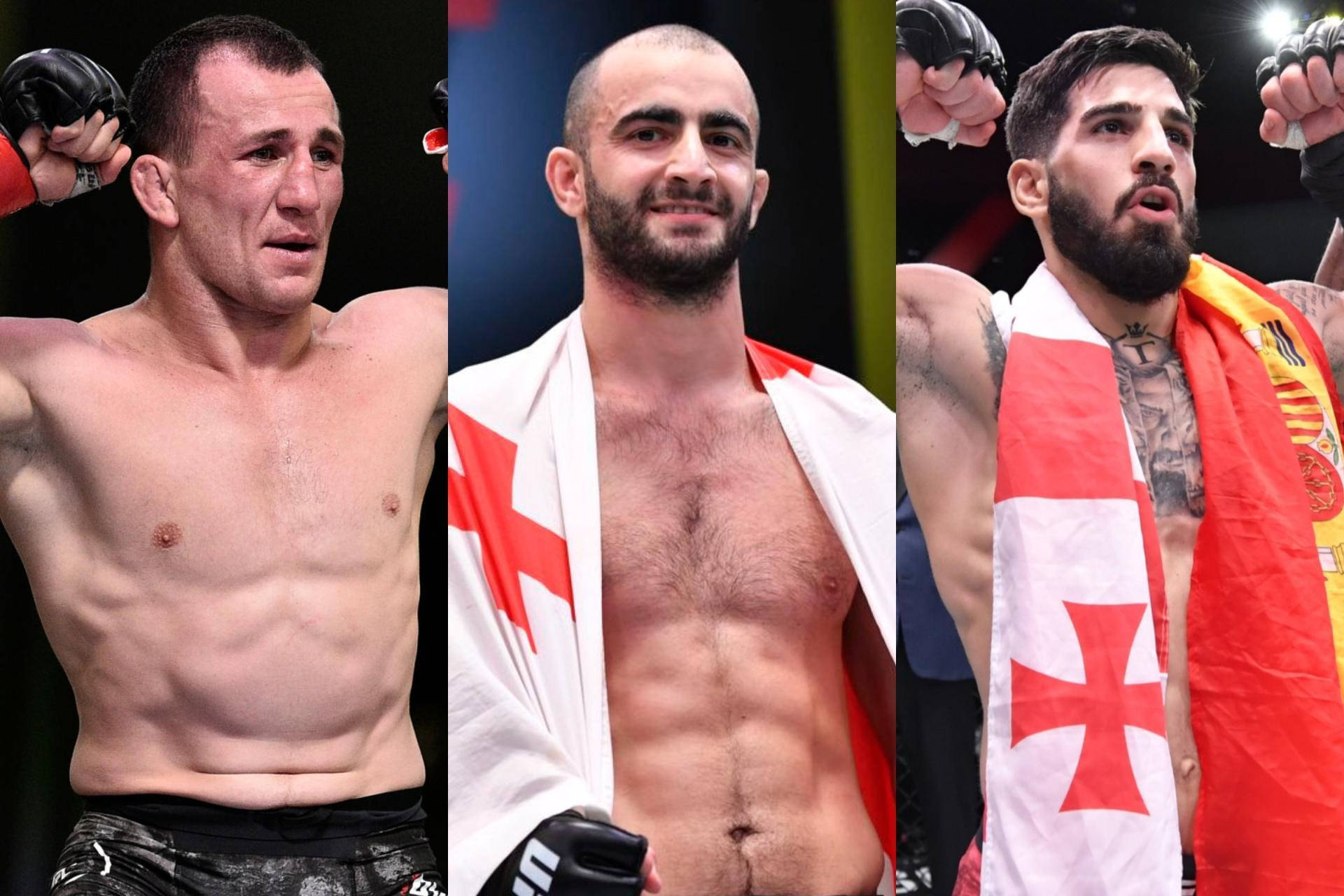 UFC 桌布 壁紙 — 三名身穿MMA裝備的肌肉男戰士在格鬥場上披著國旗擺姿勢。