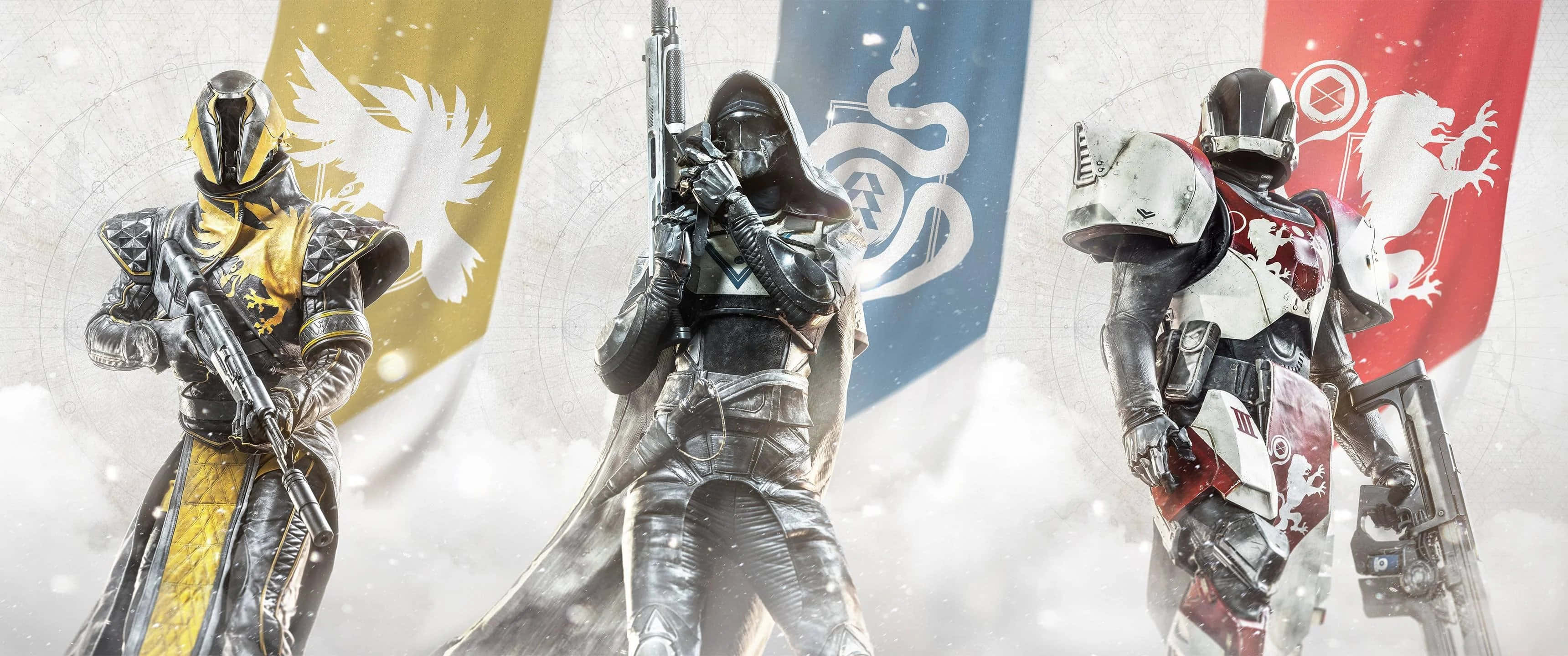 Destiny Characters 桌布 壁紙 — 三名身穿不同陣營裝備的裝甲戰士，在紋章旗幟和旋轉迷霧的背景下蓄勢待發。