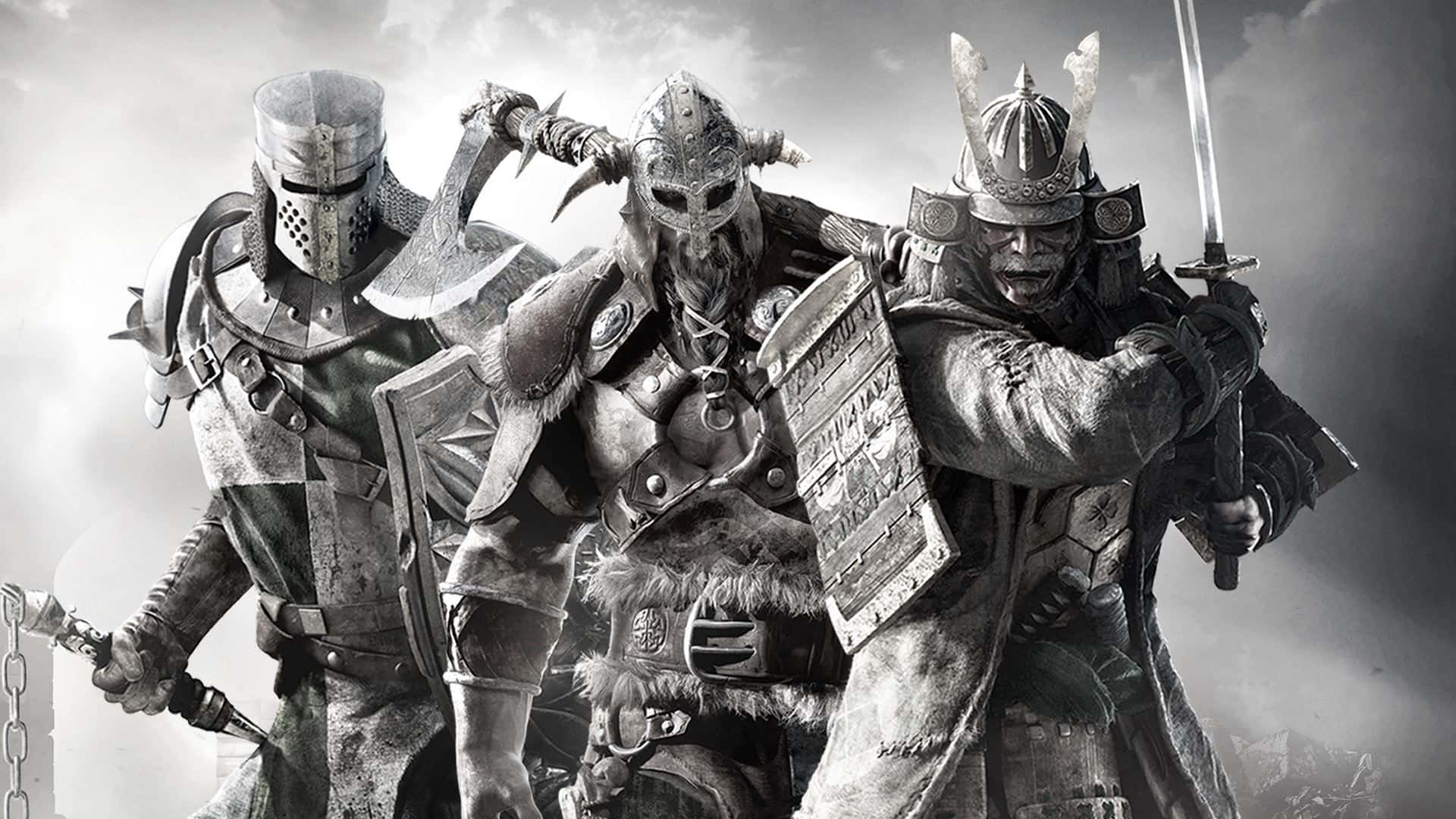 Female Samurai For Honor 桌布 壁紙 — 三名身穿中世紀和武士裝備的裝甲戰士，準備在暴風雨的灰色天空下作戰。