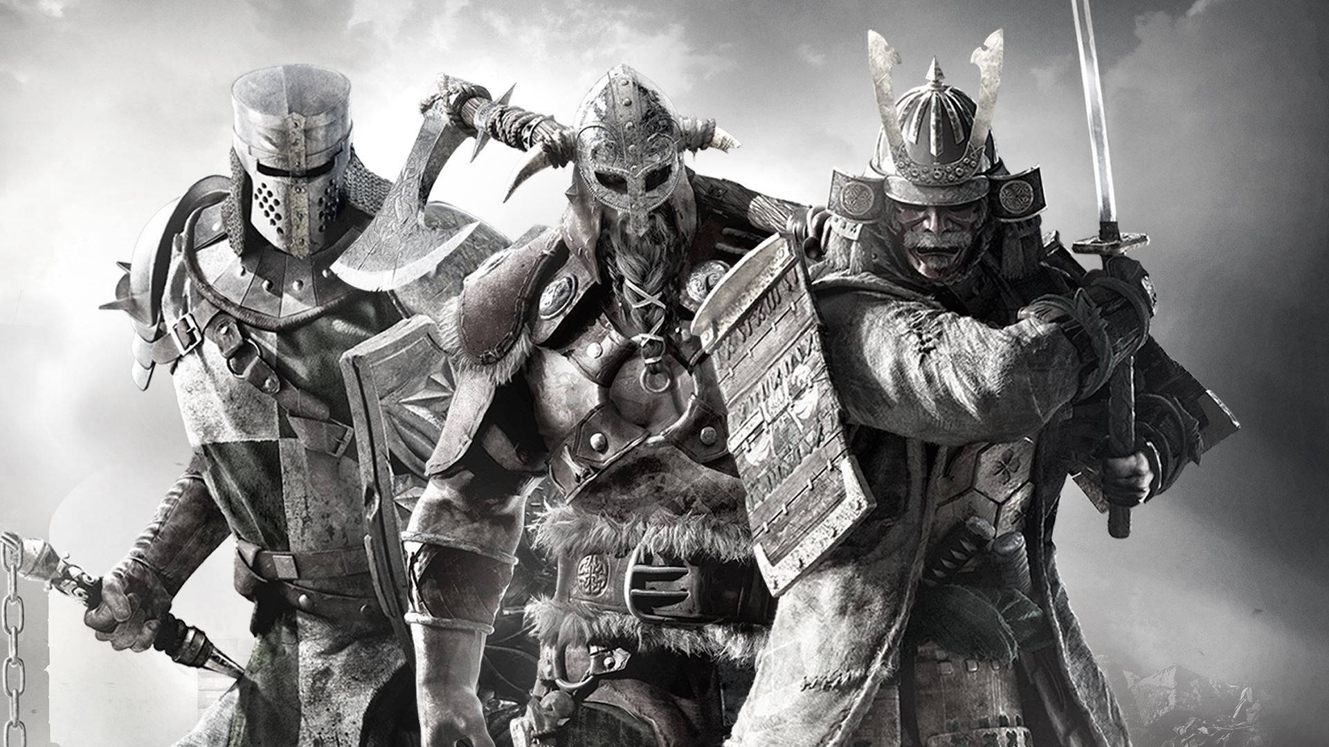 Honor 桌布 壁紙 — 三名身穿中世紀和武士裝備的裝甲戰士，在陰雲密佈的天空下以戲劇性的單色戰鬥姿態站立。