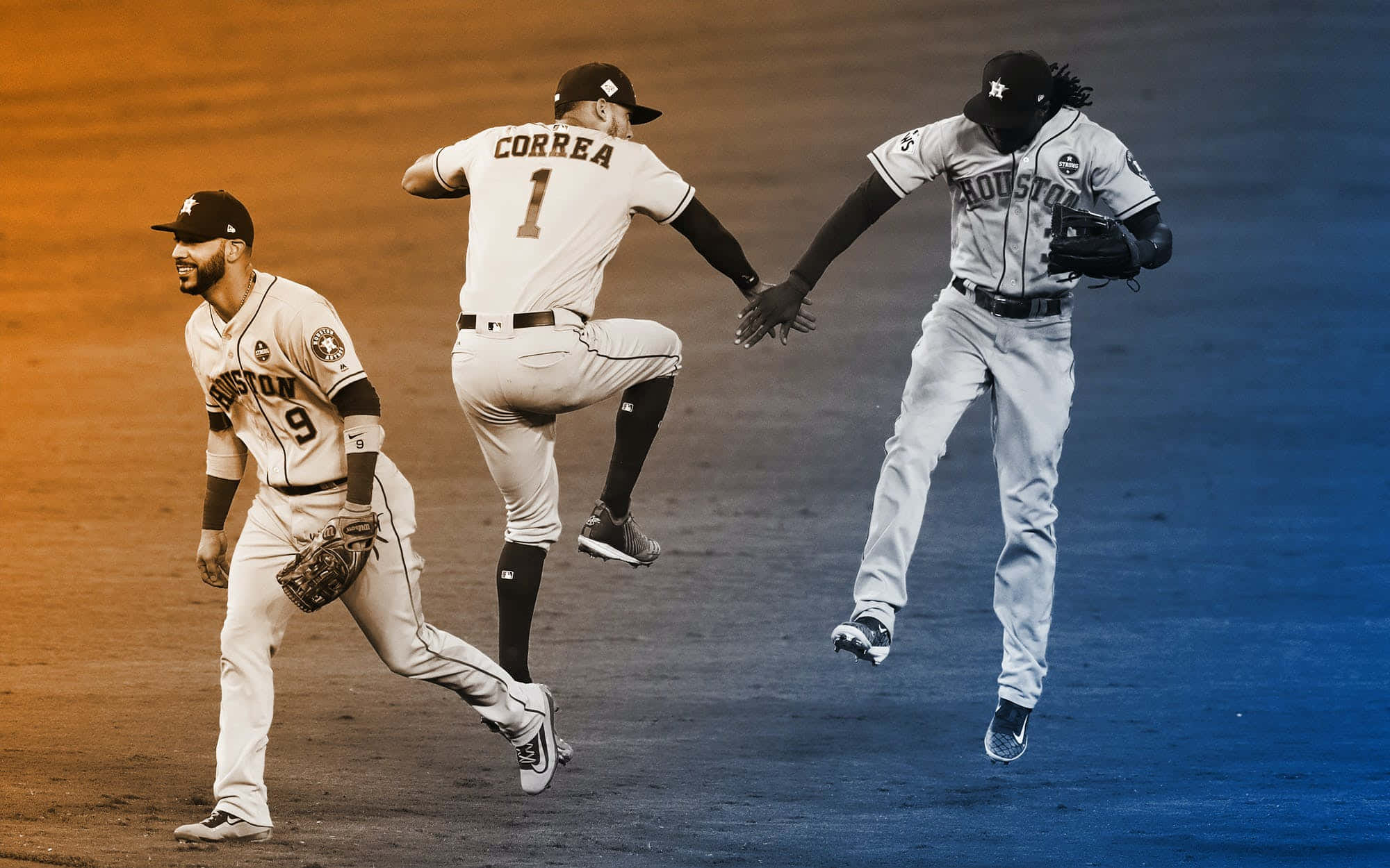Astros 桌布 壁紙 — 三名身穿休士頓太空人隊球衣的棒球運動員在球場上，在戲劇性的橙色和藍色燈光下動態慶祝。