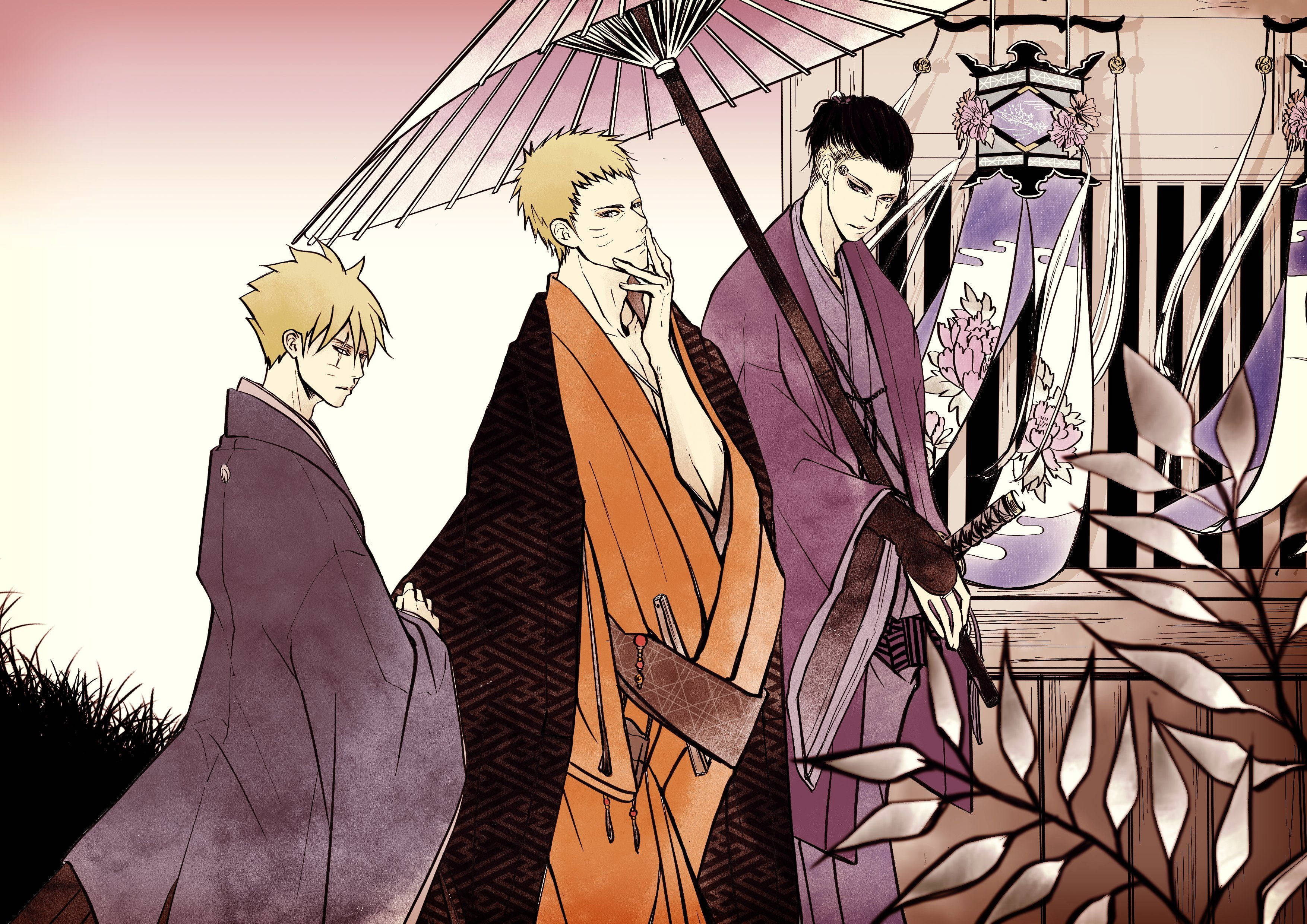 Kawaki 桌布 壁紙 — 三名身穿傳統長袍的動畫男子站在粉紅色雨傘下，旁邊是帶有花卉燈籠的木製陽台。