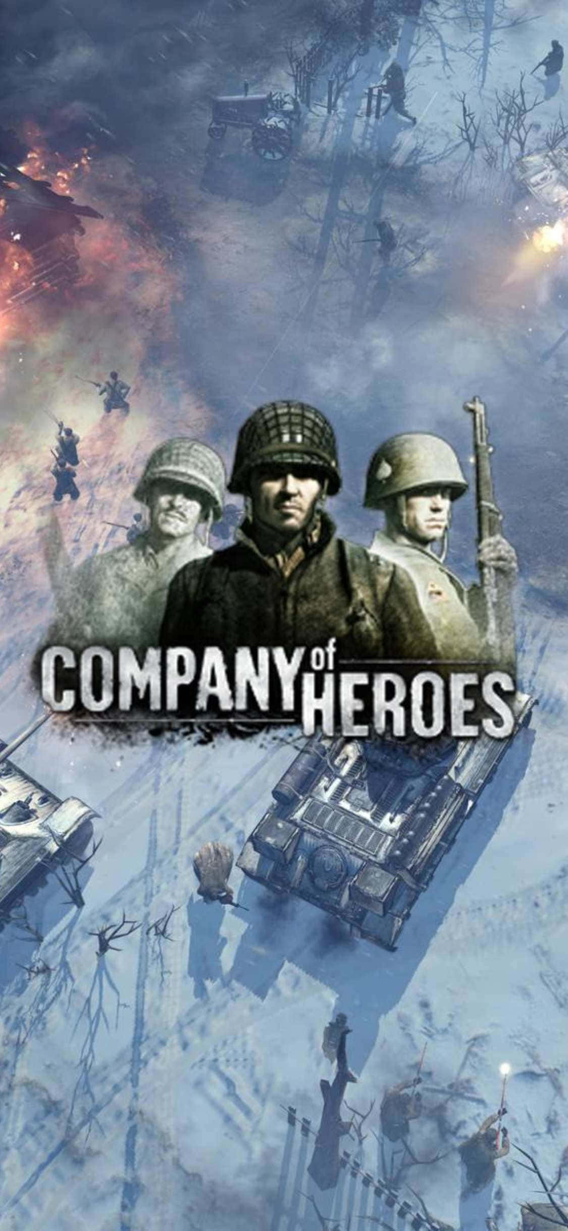 poster 桌布 壁紙 — 三名身穿冬季裝備的士兵在白雪覆蓋的戰場上堅定站立，背景有坦克和爆炸。
