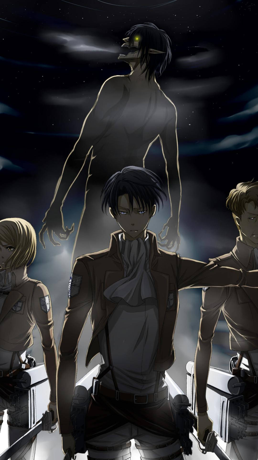 Attack On Titan iPhone 桌布 壁紙 — 三名身穿制服的士兵在繁星點點的夜空下，挑釁地站在一個高聳、發光的眼睛泰坦之下。