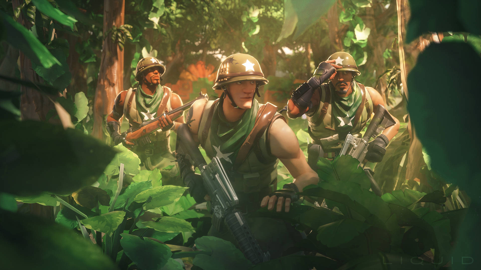 Fortnite 桌布 壁紙 — 三名身穿叢林裝備的士兵蹲在樹葉後方，步槍準備就緒，在茂密的綠色森林中準備戰鬥。