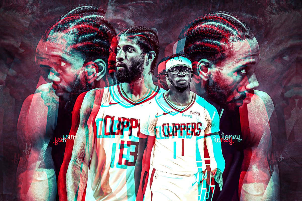 Paul George Clippers 桌布 壁紙 — 三名身穿快艇隊球衣的籃球運動員站在帶有重複面孔疊加的故障紅和青綠色背景前。