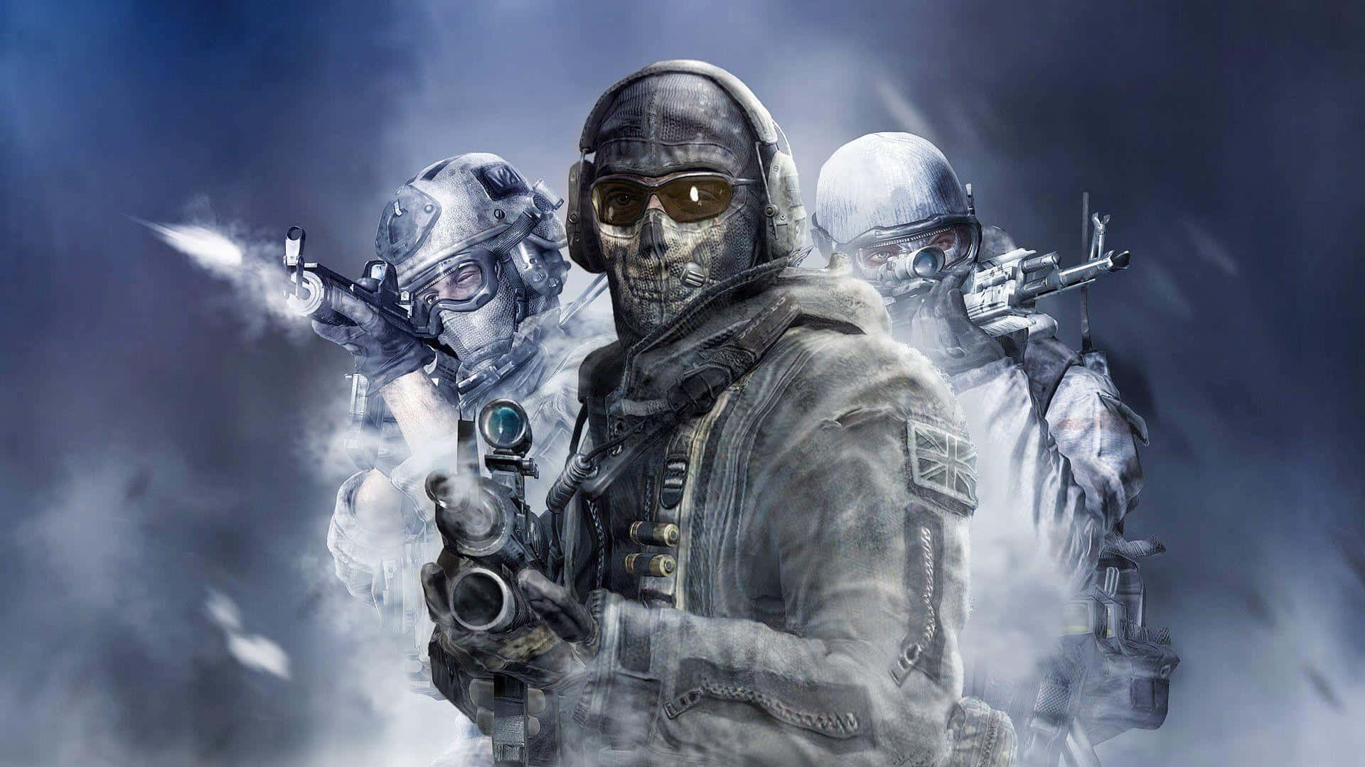 Cod 桌布 壁紙 — 三名身穿戰術裝備、戴著骷髏面具的士兵在煙霧中對著黑暗暴風雨的天空開火。