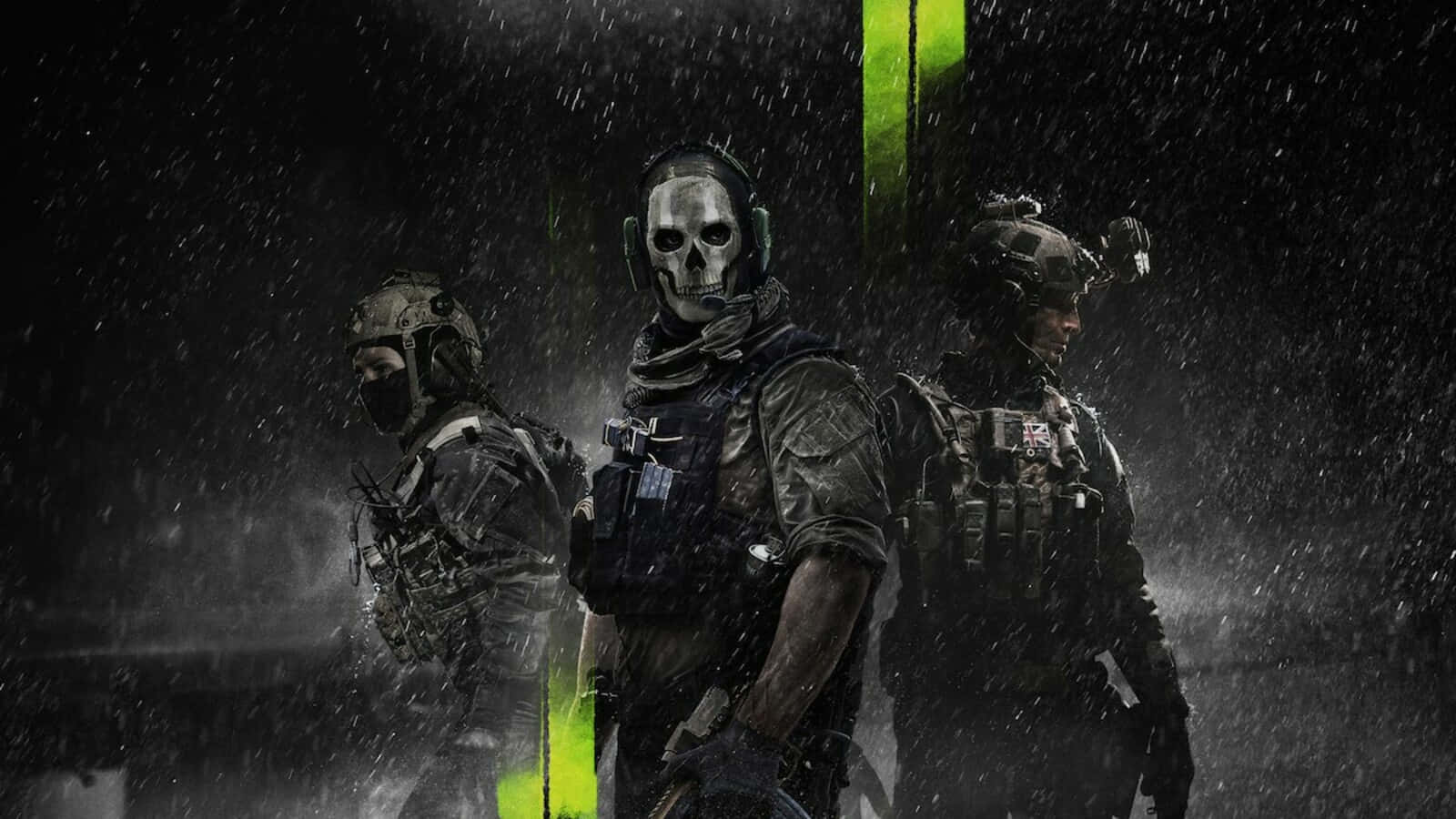Warzone 桌布 壁紙 — 三名身穿戰術裝備、被雨淋濕的士兵，在黑暗暴風雨的環境中，戴著骷髏面具，站在霓虹綠光下。