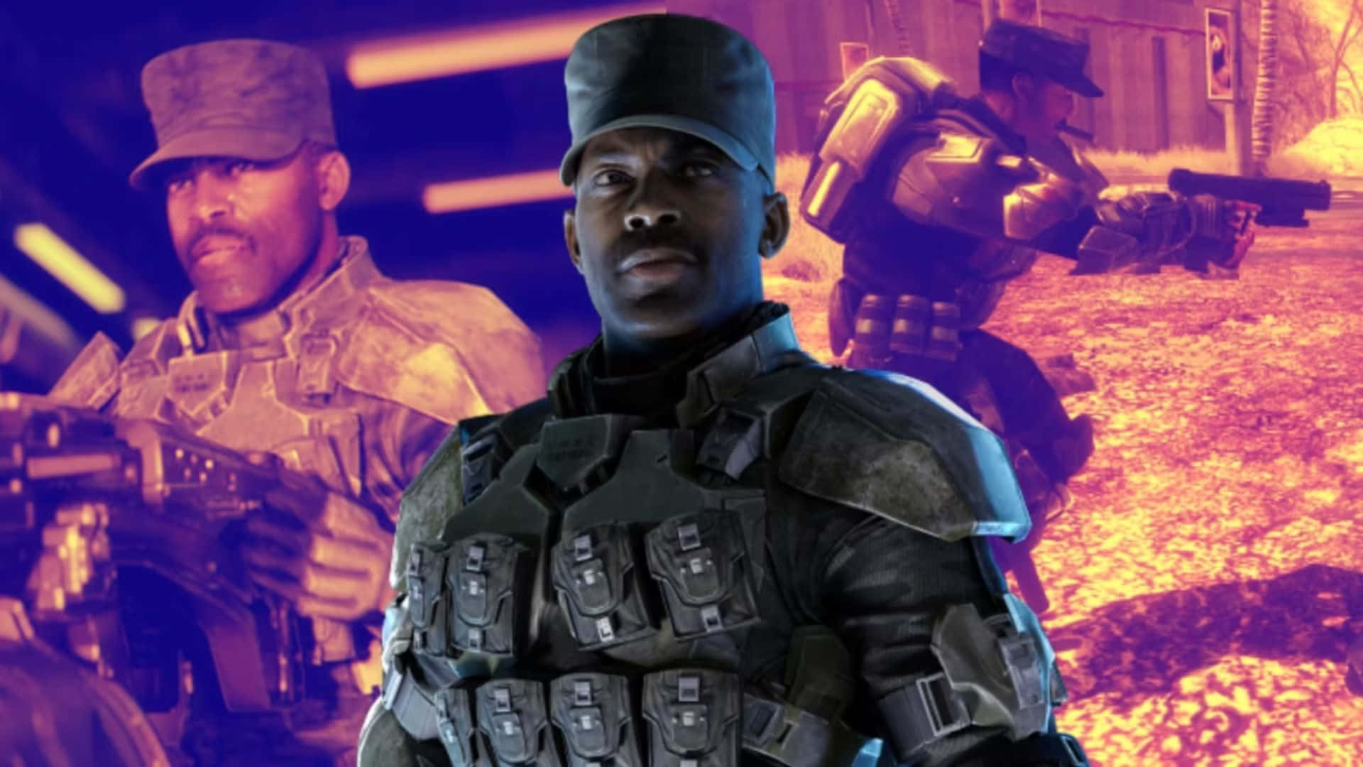 Sergeant Johnson 桌布 壁紙 — 三名身穿戰術裝備的士兵在戲劇性的紫色和橙色燈光下，於烈火戰場上保持警覺。