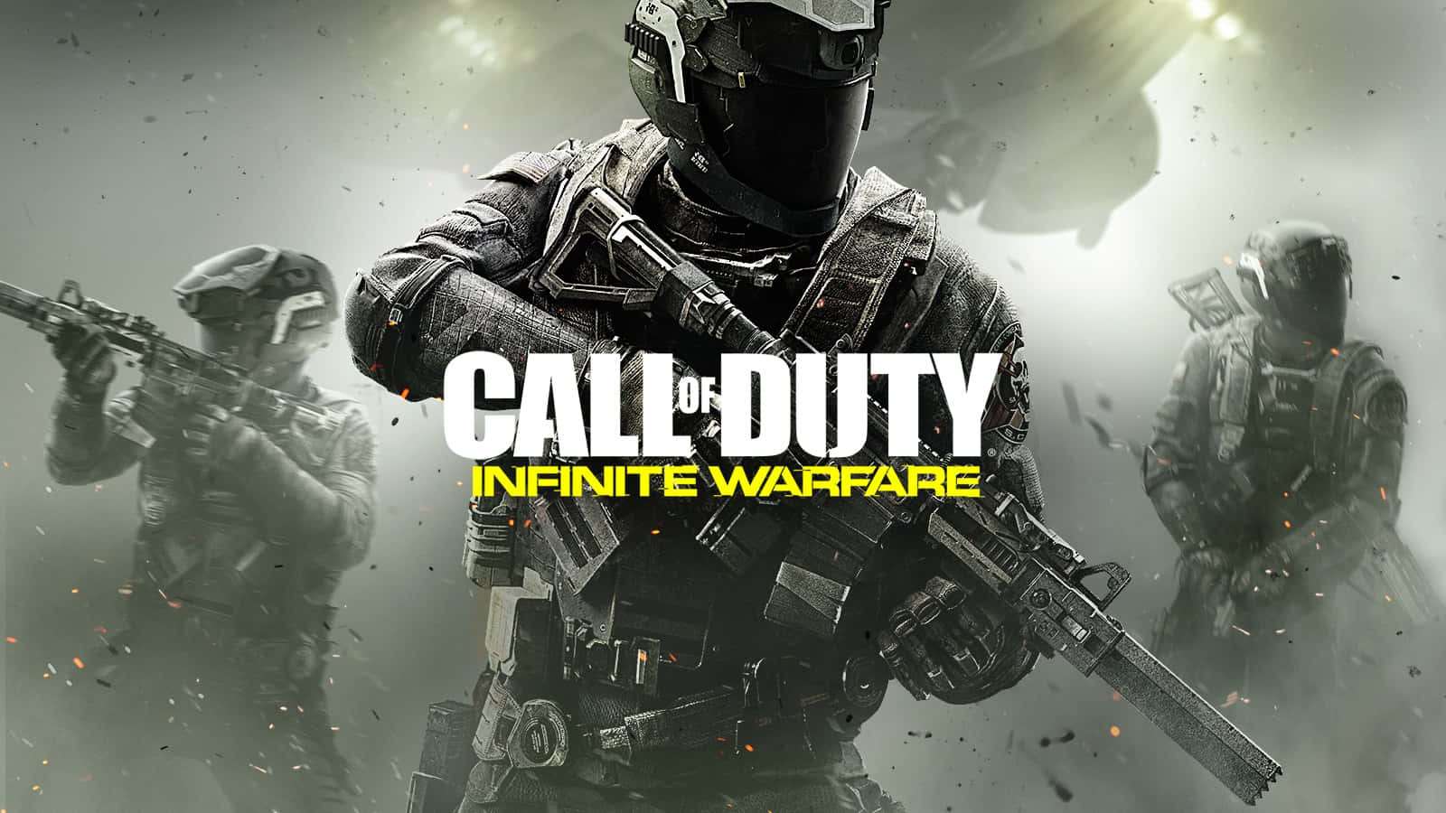 Call Of Duty First Person Shooter 桌布 壁紙 — 三名身穿戰術裝備的士兵在煙霧和火花中，在戲劇性的燈光下持步槍準備就緒。