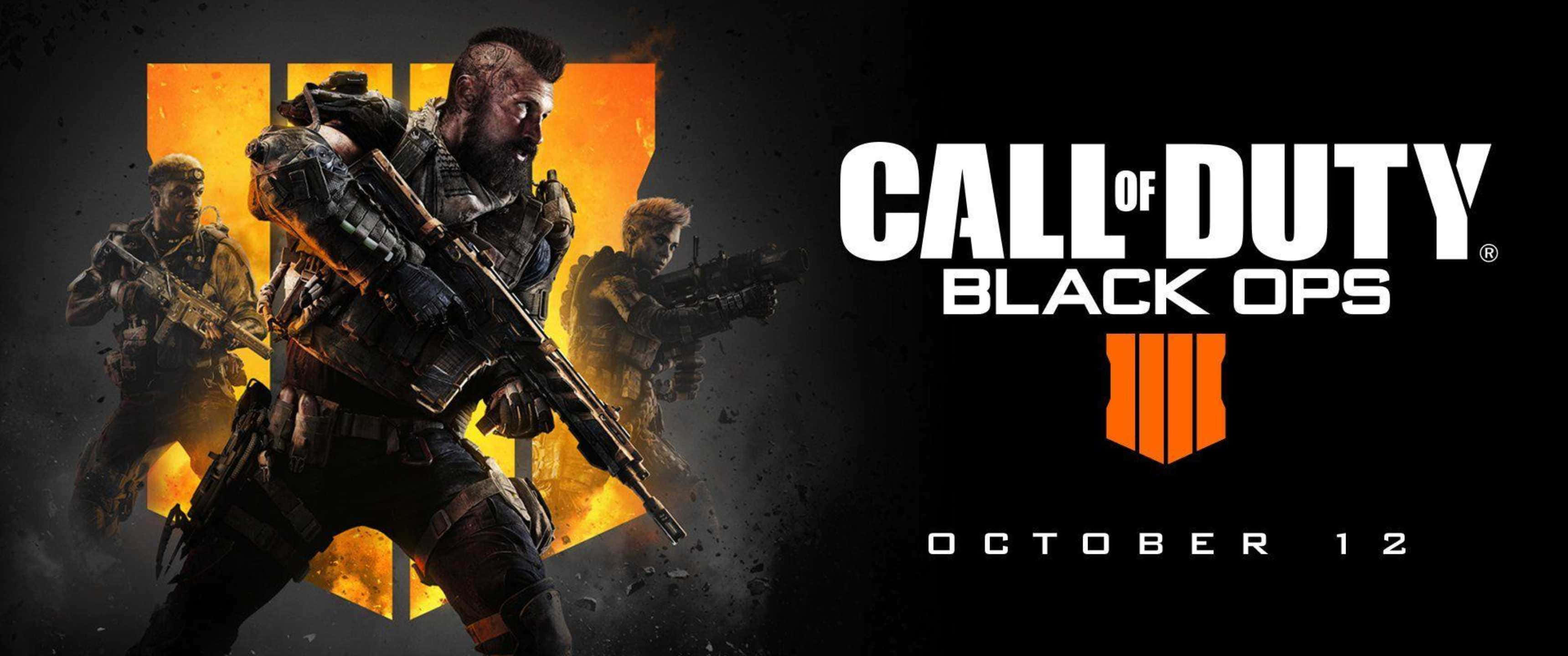 3440x1440p Call Of Duty Black Ops 4 桌布 壁紙 — 三名身穿戰術裝備的士兵在熾熱的橙色背景前準備就緒，背景上有Call of Duty Black Ops 4標誌和發售日期。