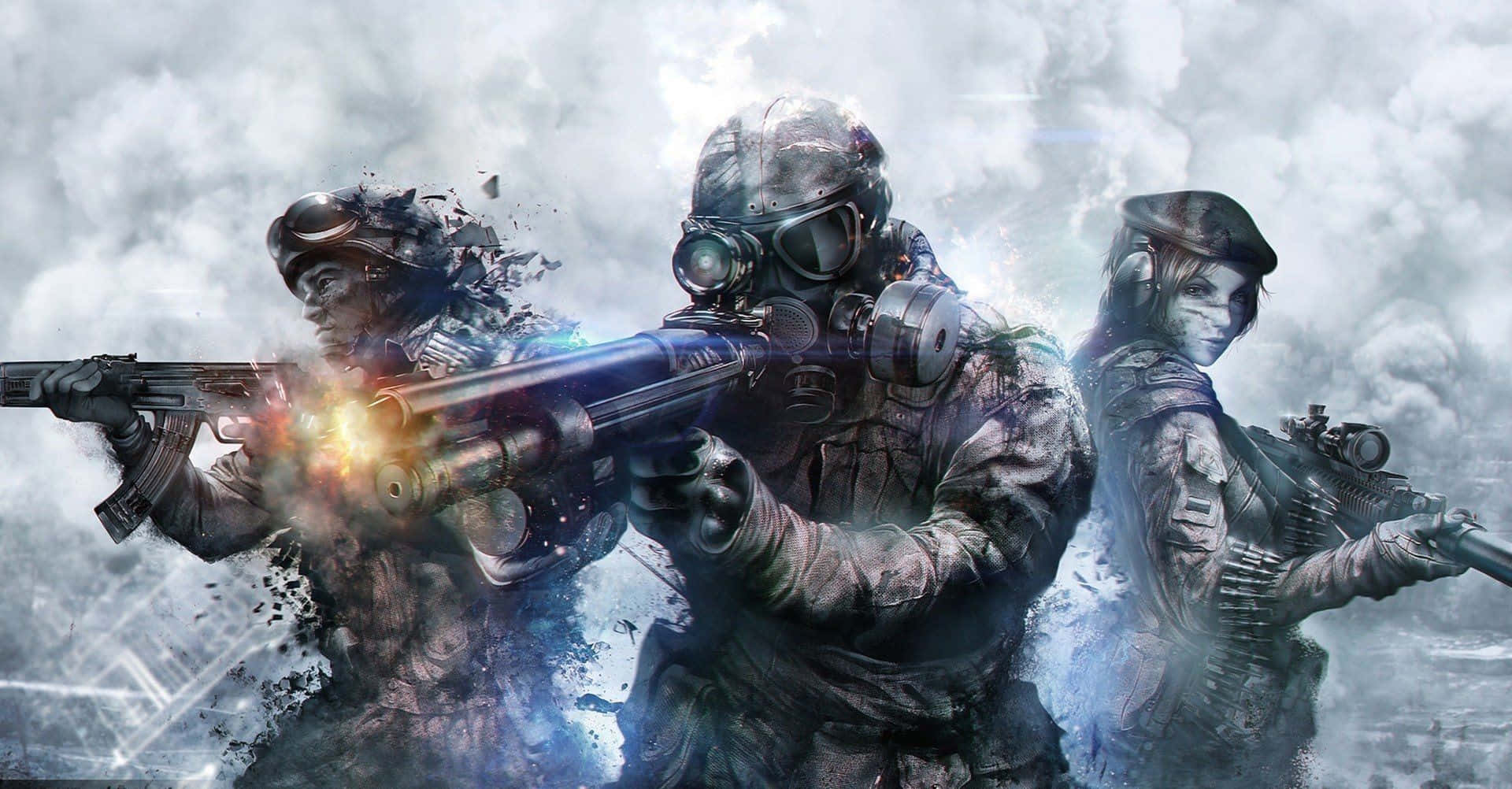 War Games 桌布 壁紙 — 三名身穿戰術裝備的士兵在爆炸煙霧和碎片中開火，呈現 gritty 的戰鬥場景。