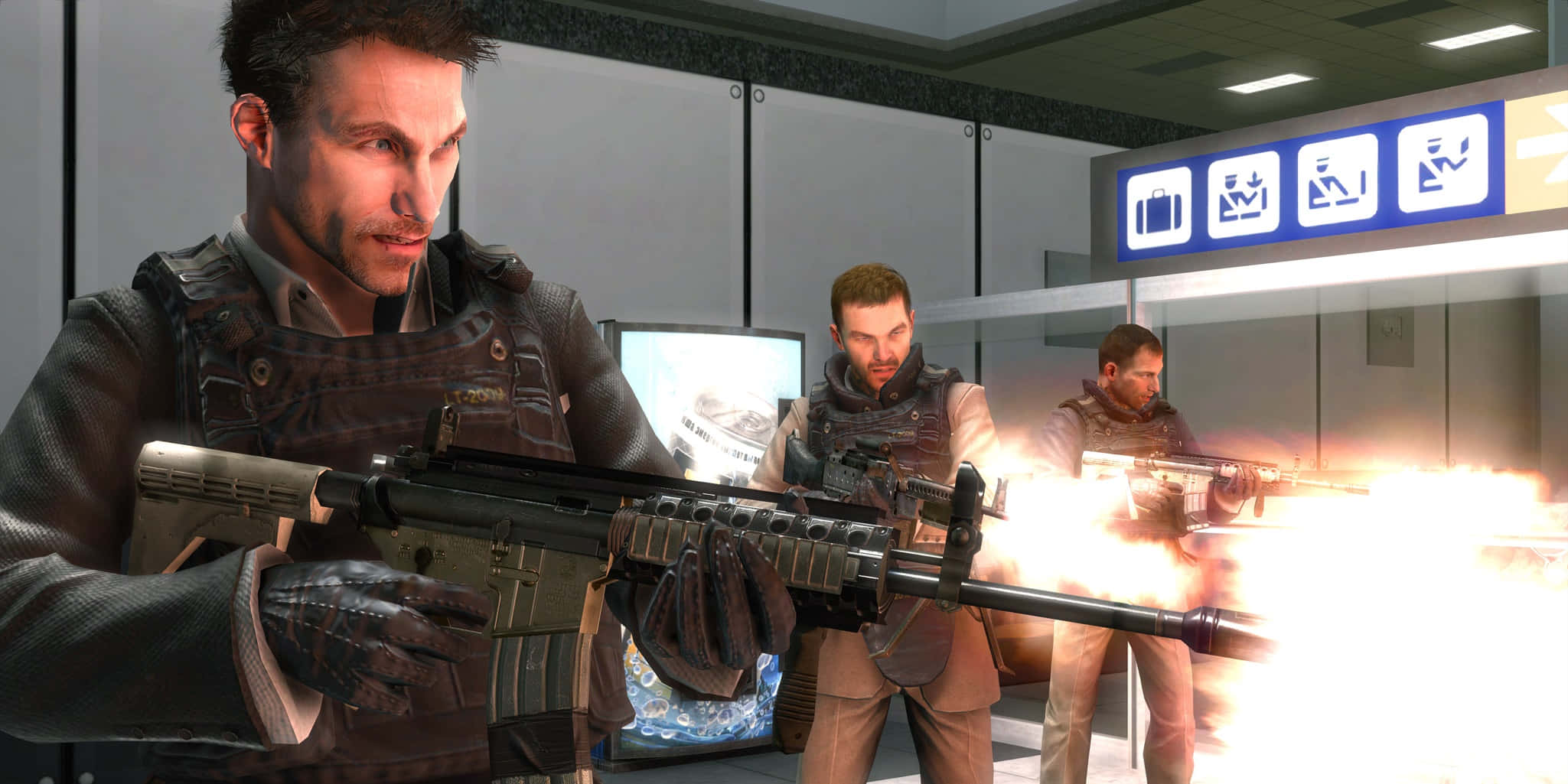 Call Of Duty Vladimir Makarov 桌布 壁紙 — 三名身穿戰術裝備的士兵在現代機場航廈內開槍，槍口閃爍火光。