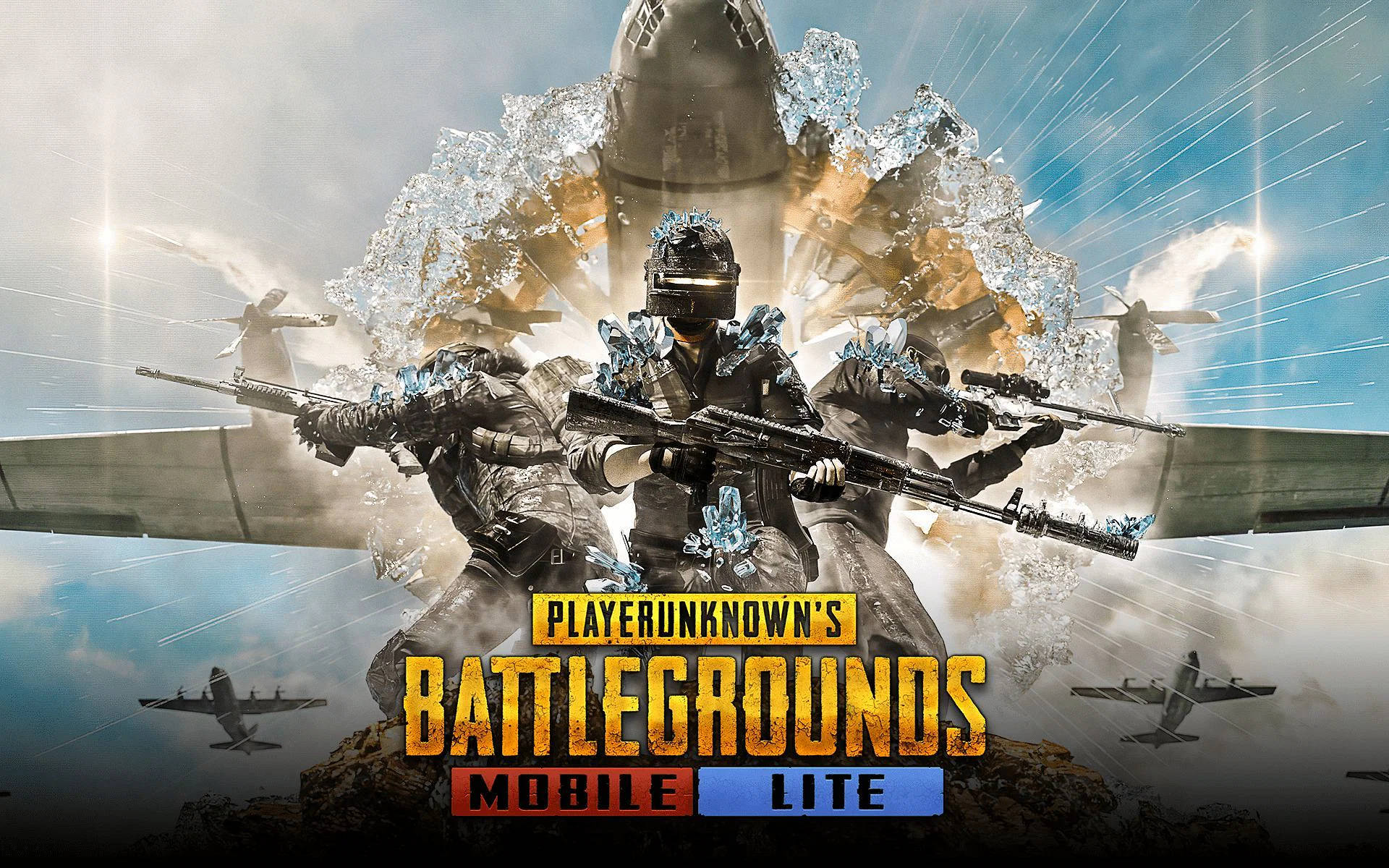 pubg mobile 桌布 壁紙 — 三名身穿戰術裝備的士兵從破碎的飛機中出現，步槍指向天空，天空充滿了飛行的飛機。