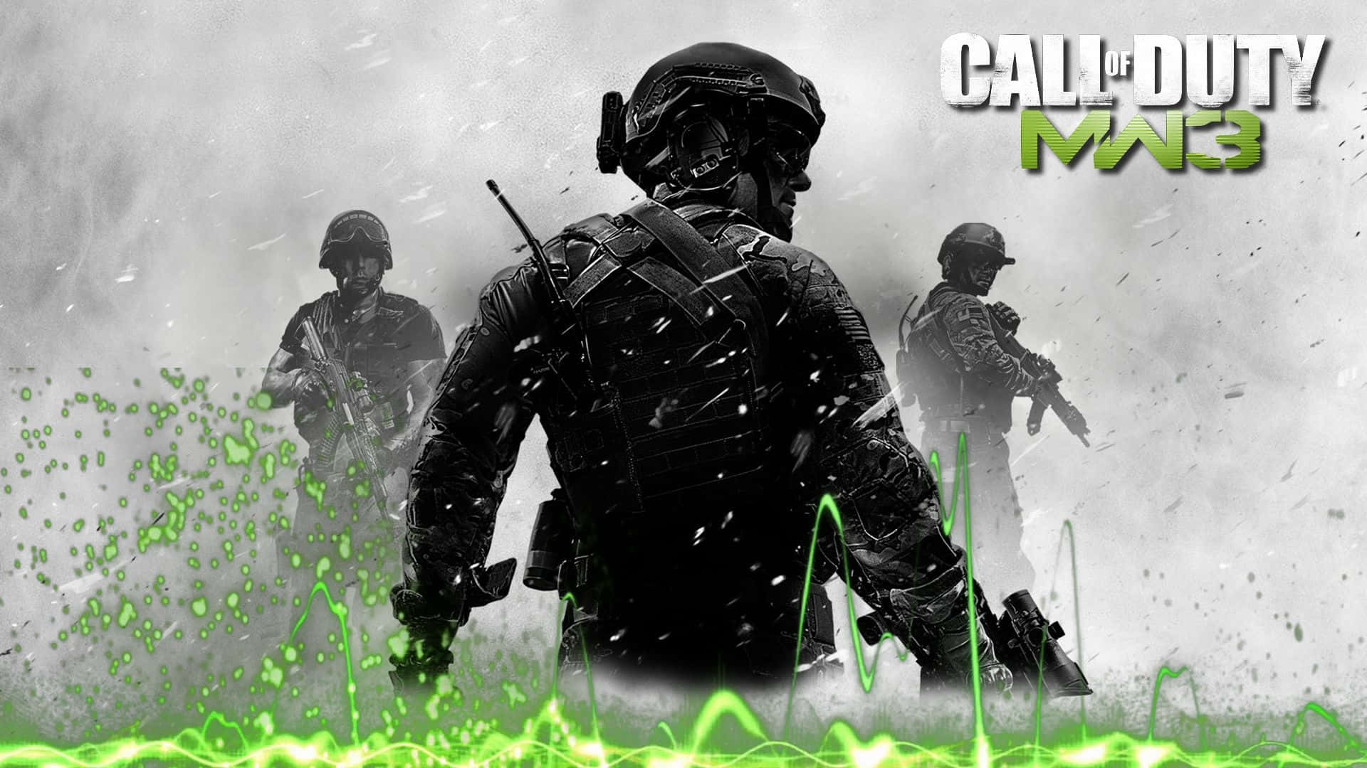 Call Of Duty Modern Warfare 3 桌布 壁紙 — 三名身穿戰術裝備的士兵站在一個粗糙的戰場上，帶有發光的綠色能量效果和Call of Duty MW3標誌。