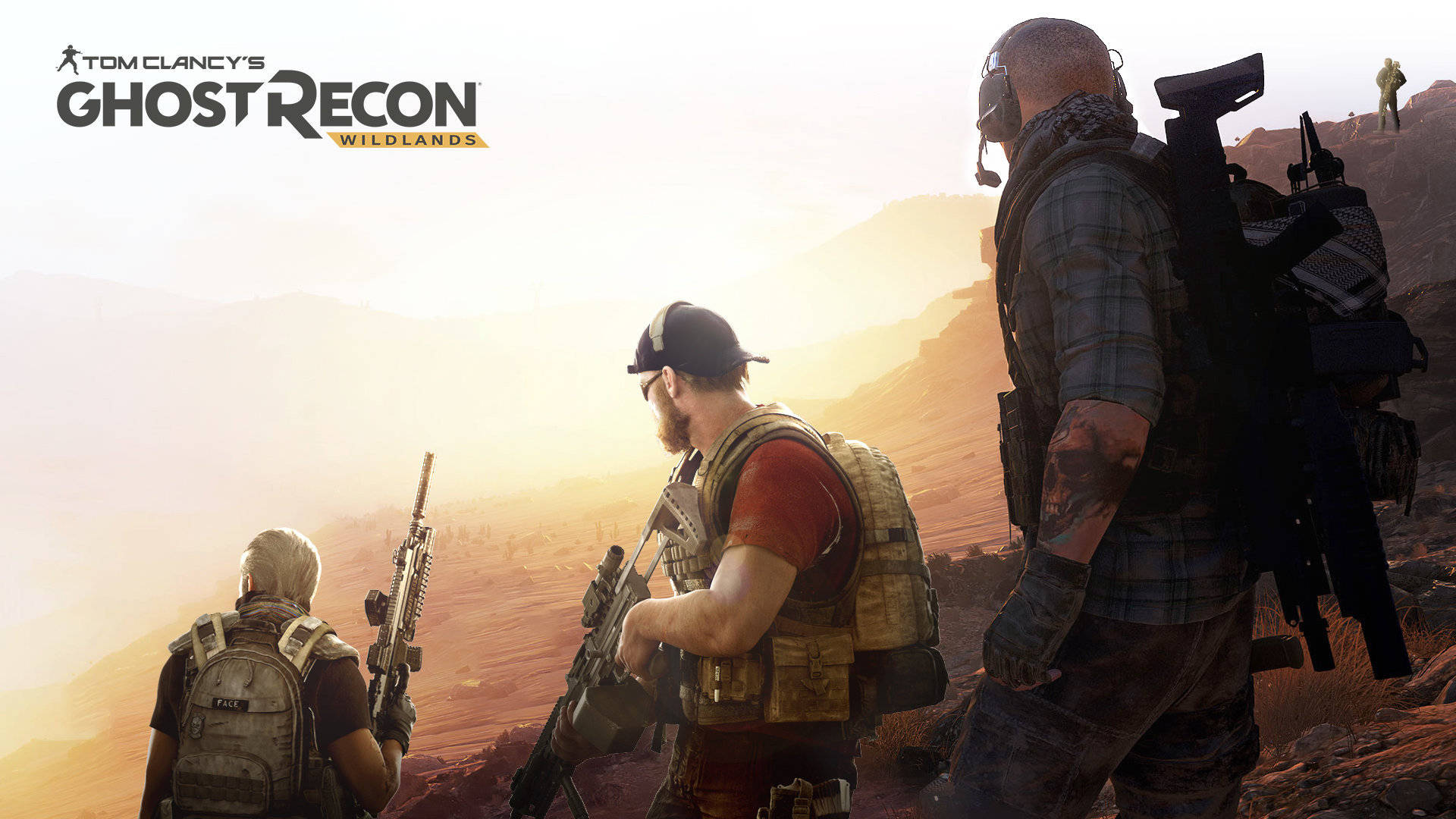 tom clancy's ghost recon wildlands 桌布 壁紙 — 三名身穿戰術裝備的武裝士兵在日落時分站在岩石山坡上，俯瞰廣闊的沙漠景觀。