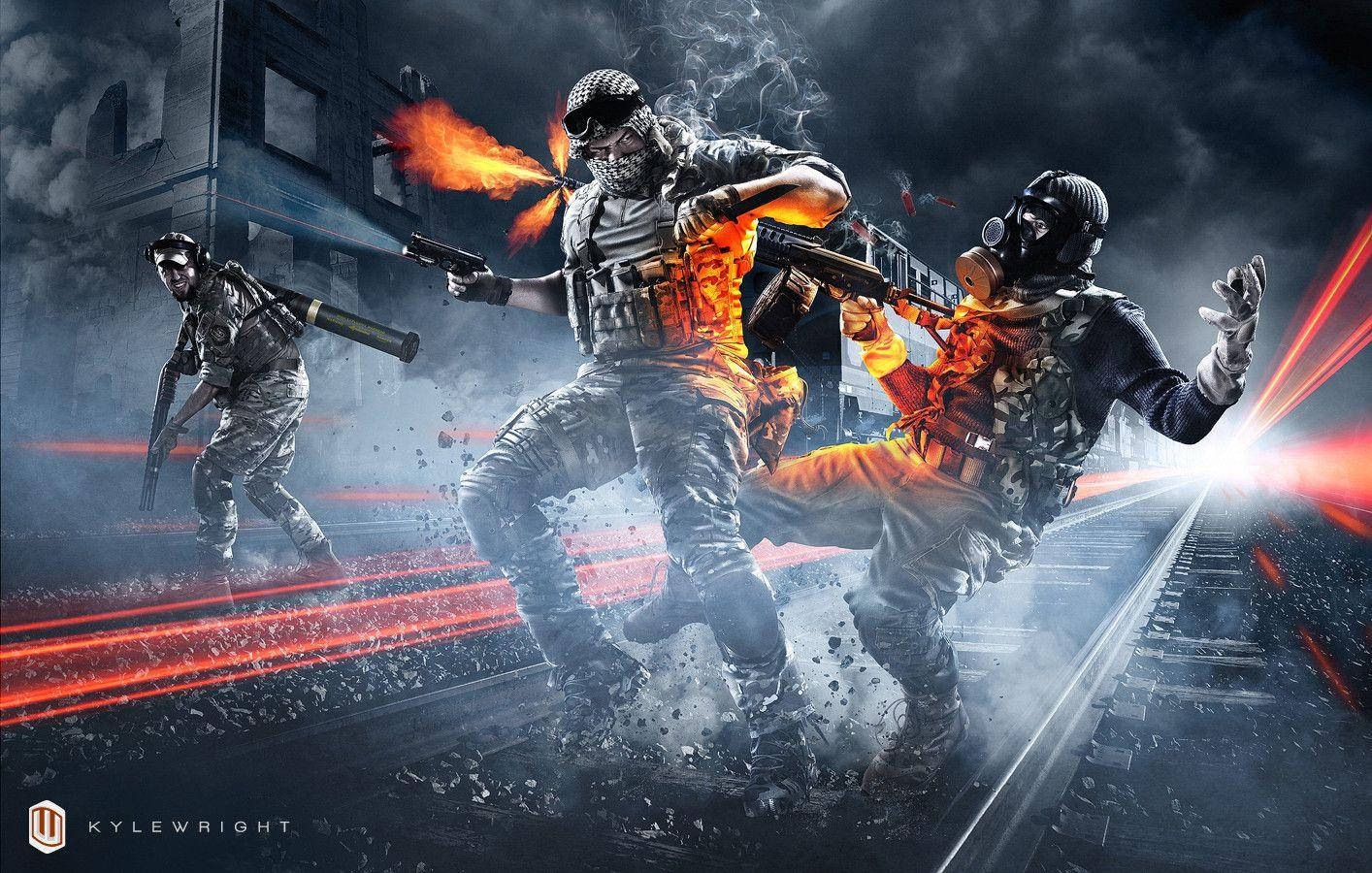 Battlefield 3 桌布 壁紙 — 三名身穿戰術裝備的武裝士兵在煙火瀰漫的街頭戰鬥中交火，伴隨著槍口閃光與煙霧。