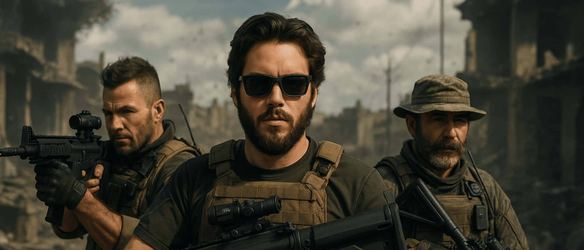 Modern Warfare Characters 壁紙 — 三名身穿戰術裝備的武裝士兵在陰天下的廢墟城市戰場中保持警覺。