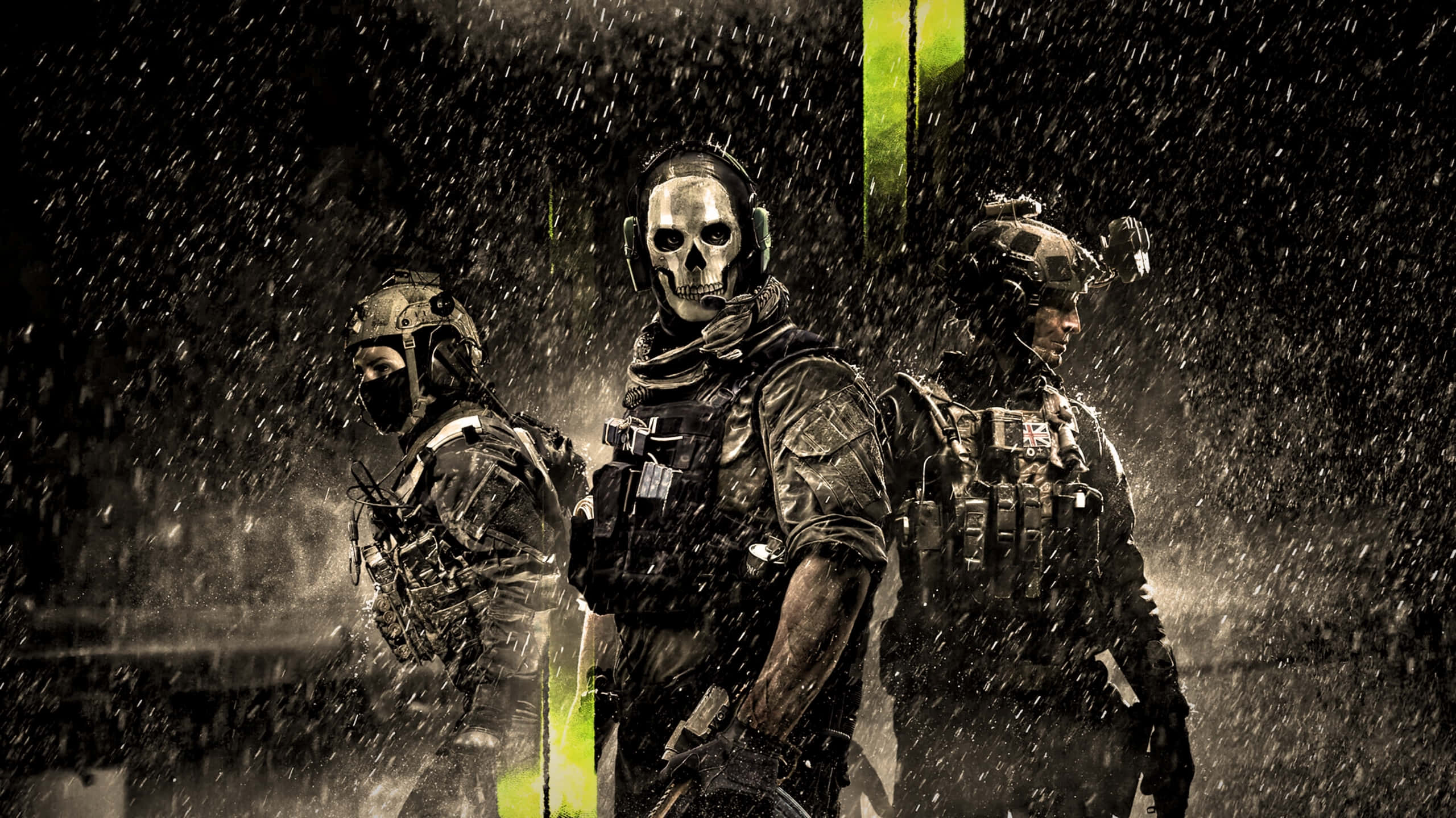 Call Of Duty Mw 桌布 壁紙 — 三名身穿戰術裝備的武裝士兵站在大雨中，其中一人戴著骷髏面具，身處霓虹綠光下。