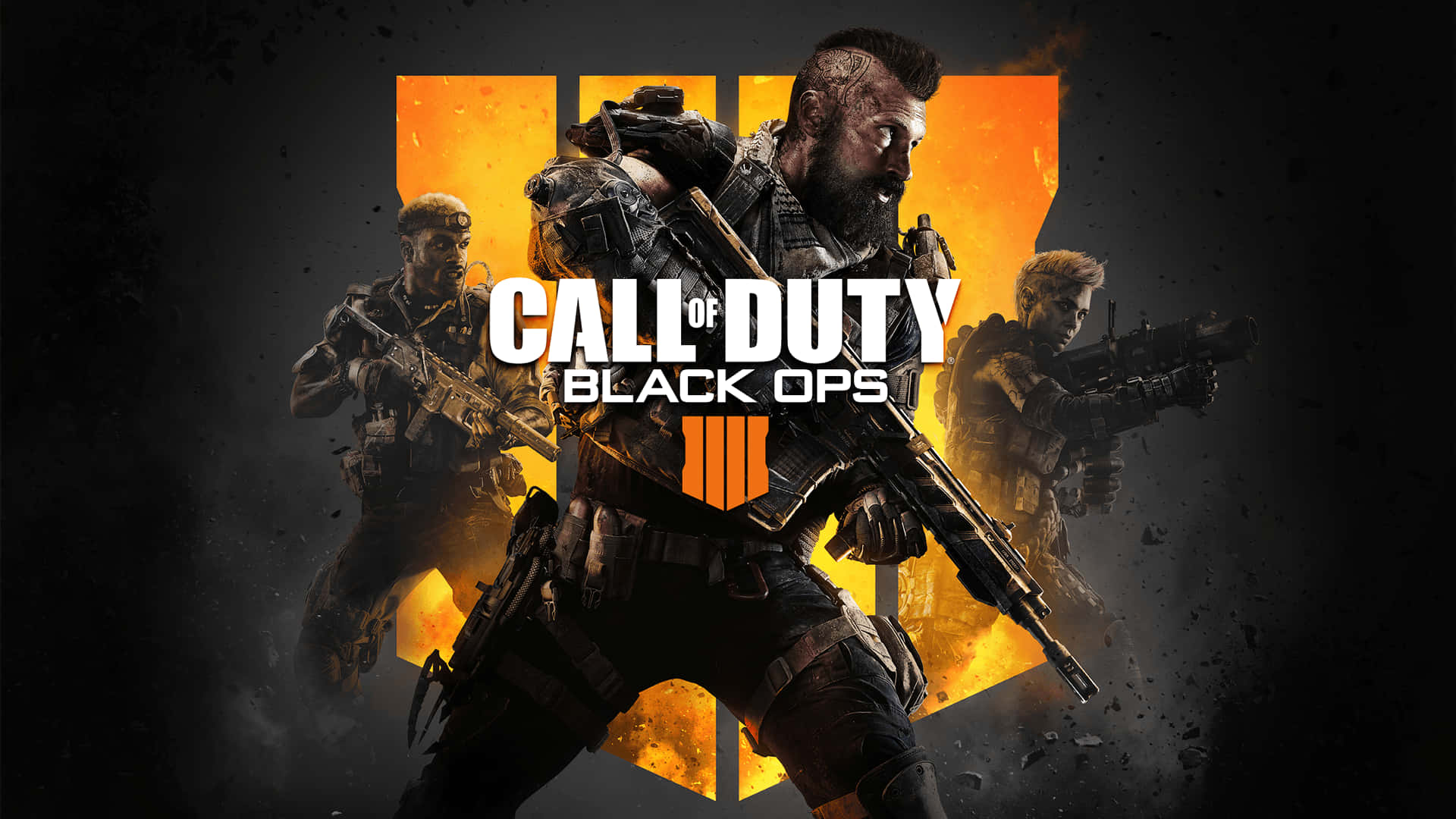 Best Call Of Duty Black Ops 4 桌布 壁紙 — 三名身穿戰術裝備的武裝士兵站在火橙色和黑色背景前，背景上有 Call of Duty Black Ops 4 標誌。