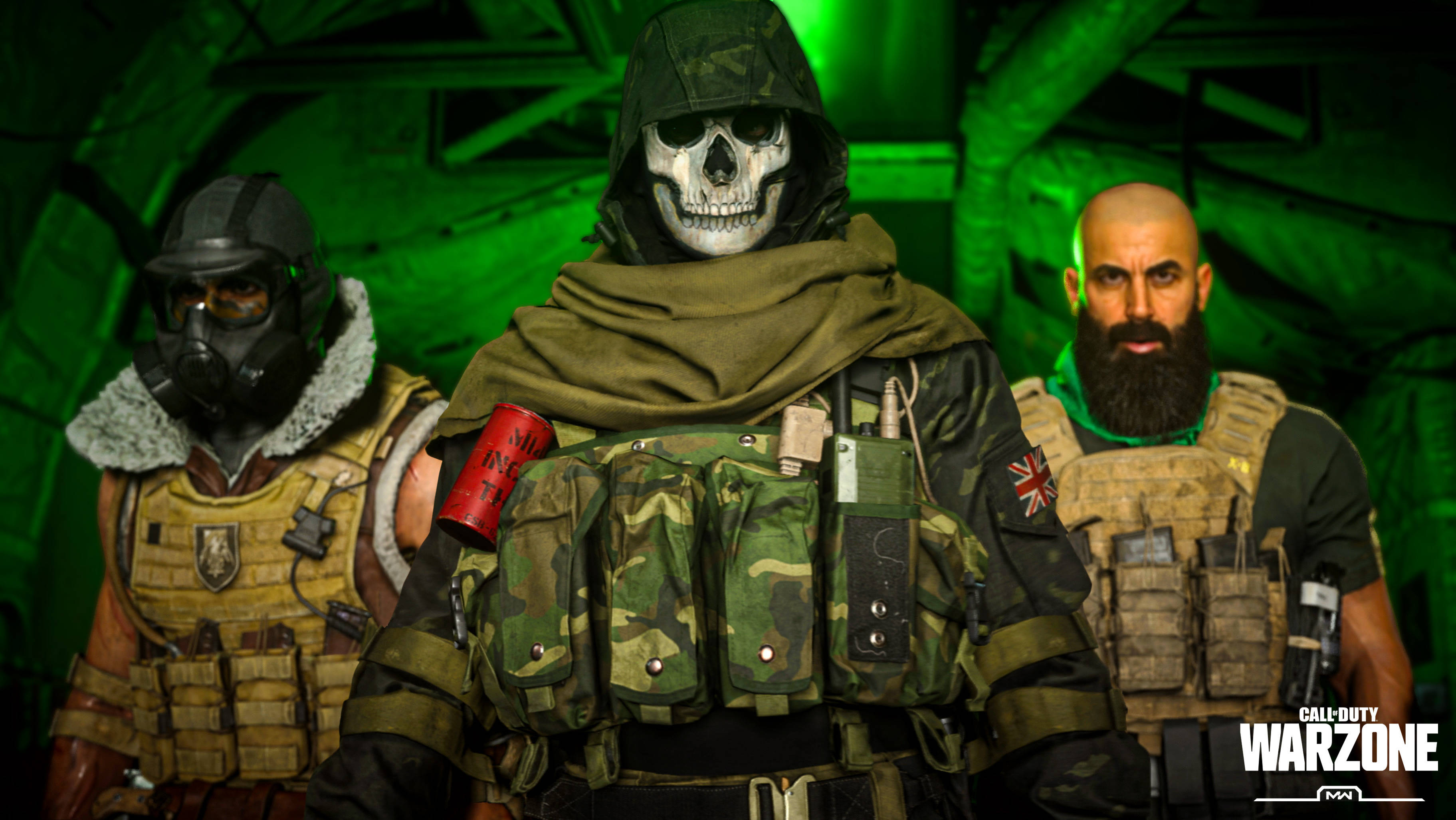 Warzone 桌布 壁紙 — 三名身穿戰術裝備的武裝士兵站在詭異的綠色燈光下，一人戴著骷髏面具，另一人戴著防毒面具，第三人留著鬍鬚，全部處於戰鬥姿態。