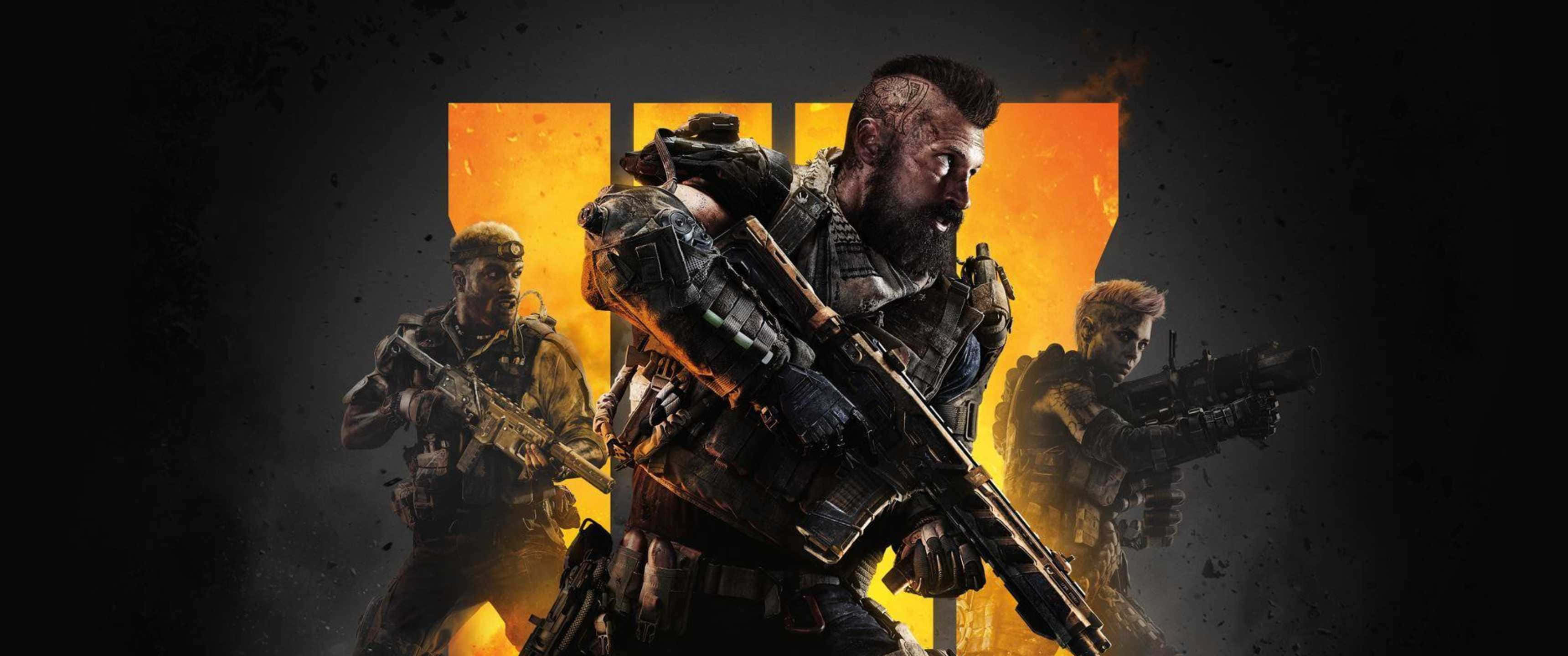 3440x1440p Call Of Duty Black Ops 4 桌布 壁紙 — 三名身穿戰術裝備的粗獷士兵，在熾熱的橙色背景下持步槍準備就緒。
