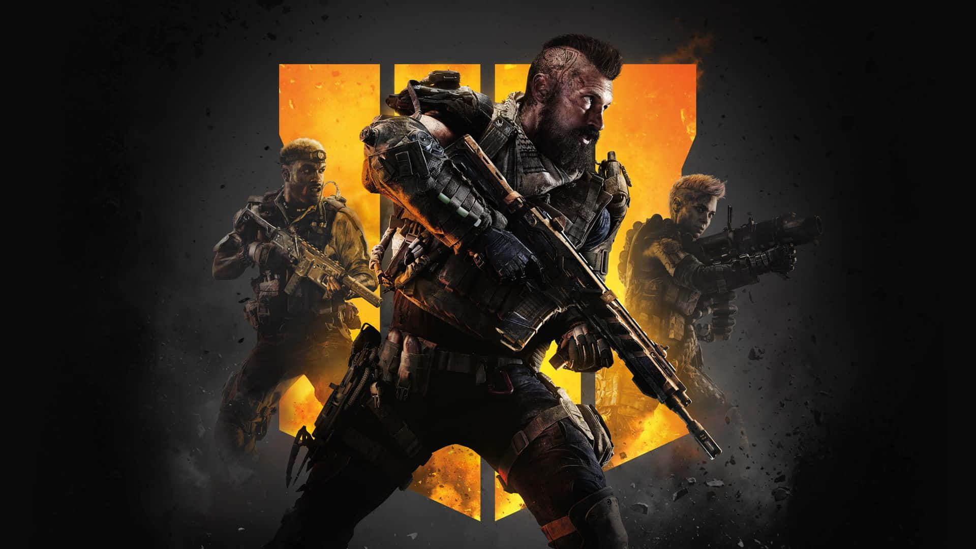 Call Of Duty First Person Shooter 桌布 壁紙 — 三名身穿戰術裝備的粗獷士兵，在熾熱的橙色標誌背景下持步槍準備就緒。