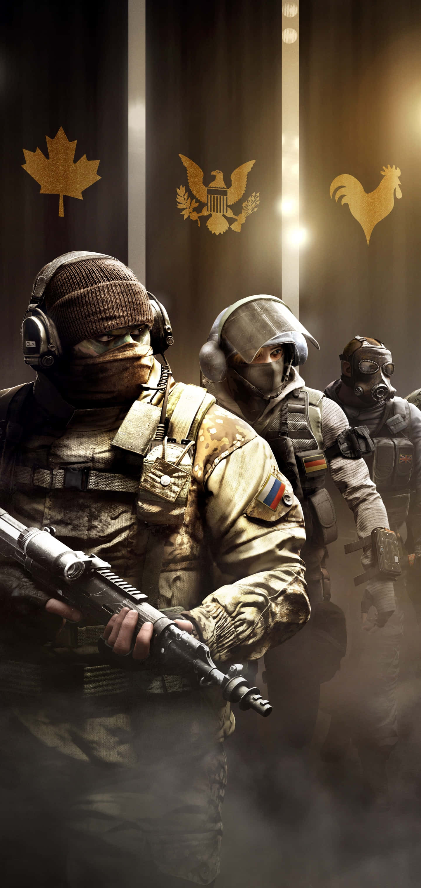 Android Rainbow Six Siege 桌布 壁紙 — 三名身穿戰術裝備的重武裝士兵站在煙霧瀰漫的走廊中，身後有國家象徵在發光。