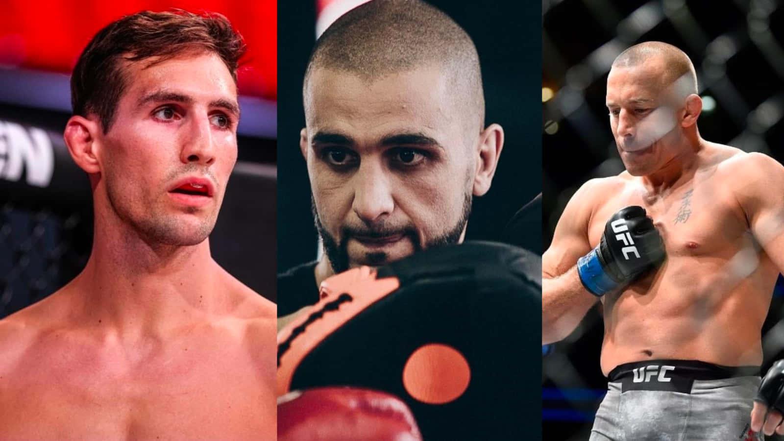 MMA 桌布 壁紙 — 三名身穿戰鬥裝備的激烈UFC拳手在八角籠場景中專注地凝視或訓練。