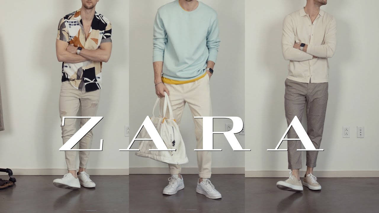 Zara 桌布 壁紙 — 三名身穿時尚休閒服裝的男子站在素牆前，帶有'ZARA'文字疊加。