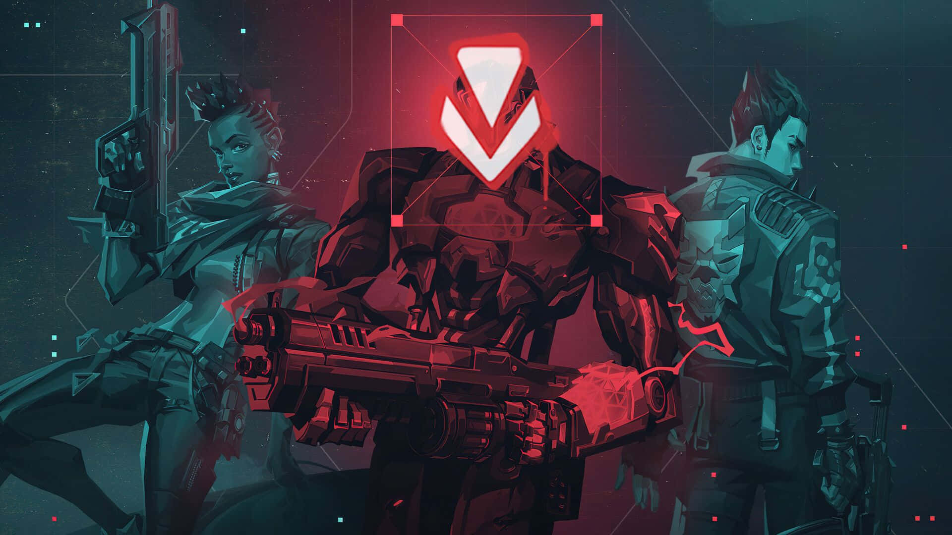 Valorant 桌布 壁紙 — 三名身穿暗色盔甲的賽博龐克戰士準備就緒，手持發光的紅色武器，站在霓虹燈牌下，身處一個粗糙的數位城市景觀中。