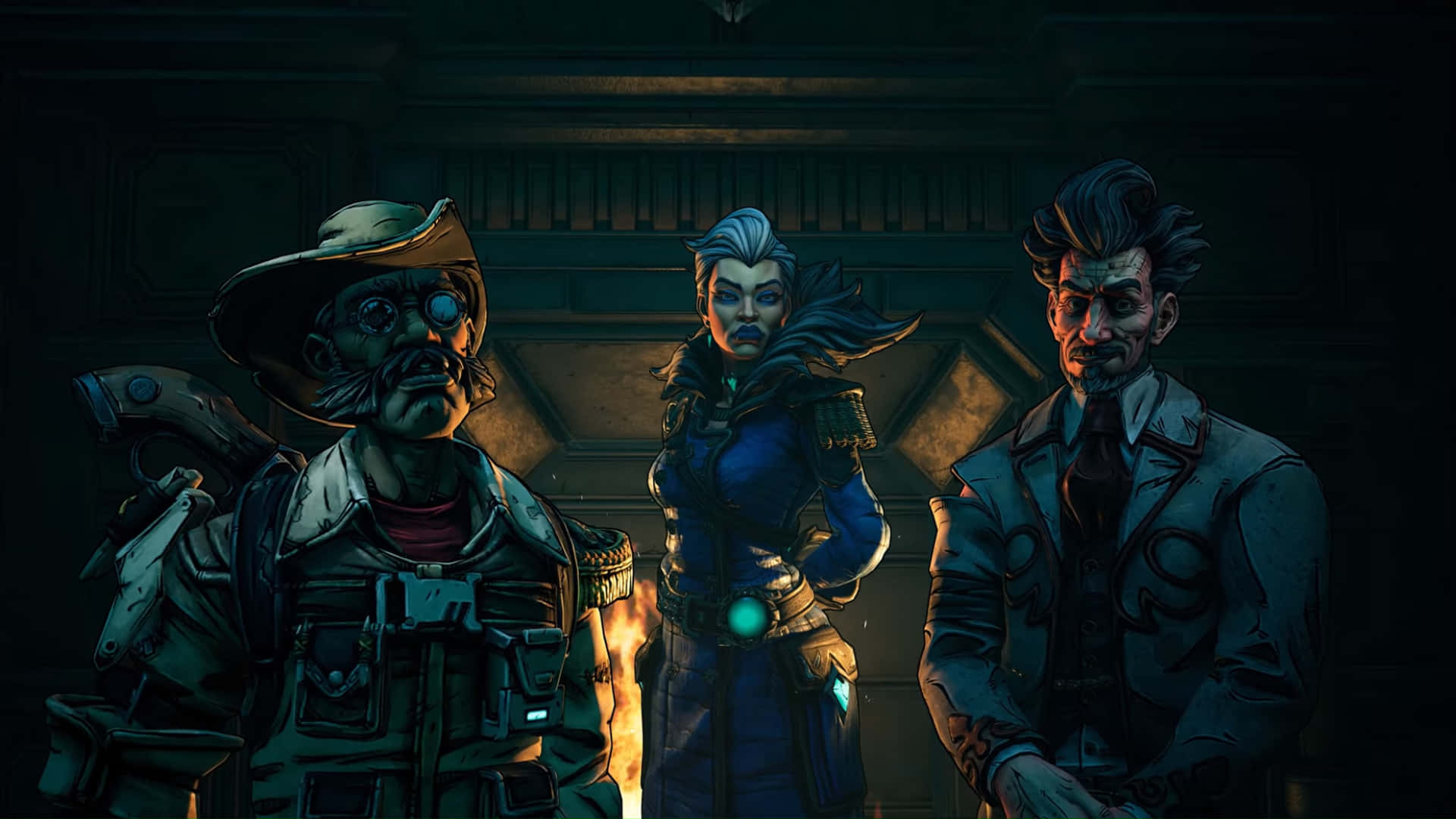 1080p Borderlands 3 桌布 壁紙 — 三名身穿暗色盔甲的風格化冒險者站在一個光線昏暗的房間裡，身後有發光的藍色點綴和溫暖的火焰光芒。