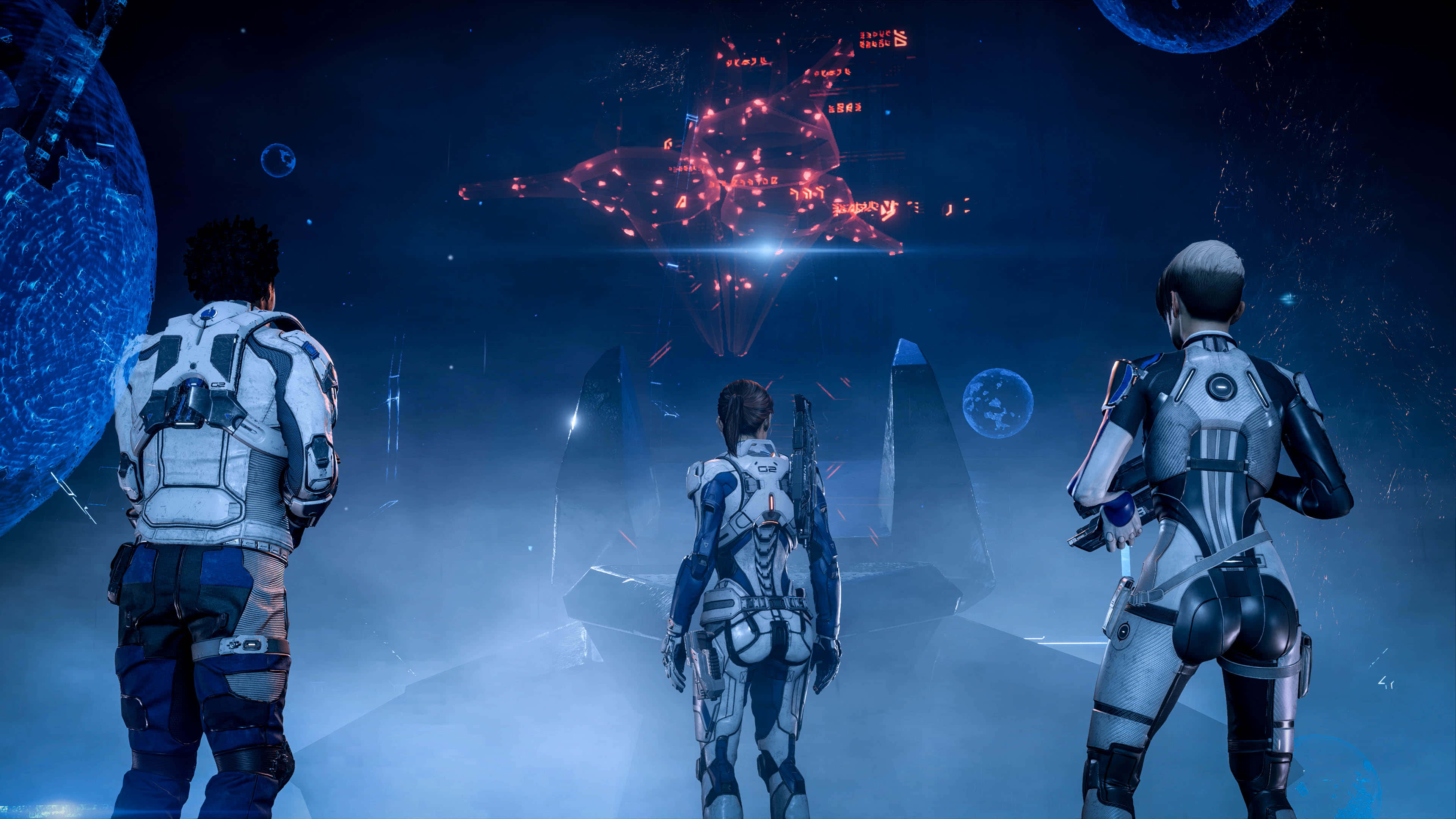 Mass Effect Characters 桌布 壁紙 — 三名身穿未來感太空衣的太空人凝視著漂浮在行星之間深空中的發光紅色外星結構。