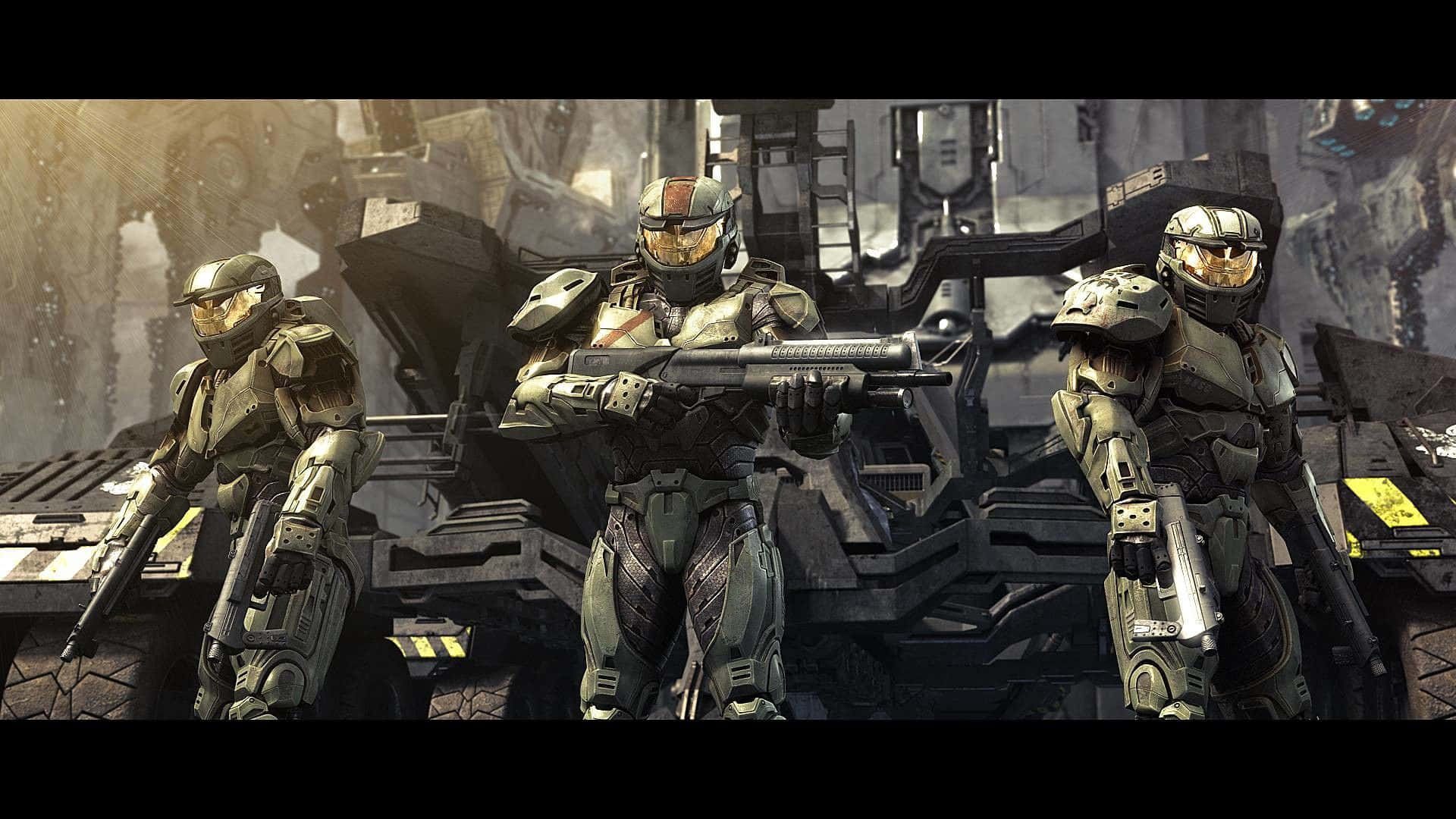 Halo Battle 桌布 壁紙 — 三名身穿未來戰鬥裝備的裝甲士兵在昏暗燈光下，於廢棄的金屬碎片中保持警覺。