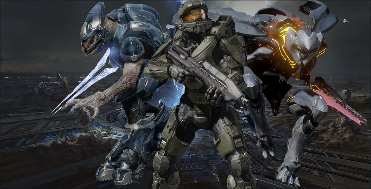 Halo Covenant 桌布 壁紙 — 三名身穿未來戰鬥裝備的裝甲戰士，在暴風雨天空下準備就緒，站在飽受戰爭蹂躪的戰場上。