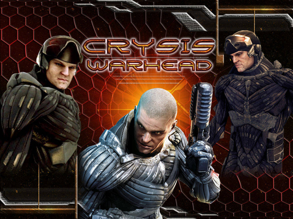Crysis Warhead 桌布 壁紙 — 三名身穿未來裝備的裝甲士兵在發光的六邊形背景前準備就緒，帶有 'Crysis Warhead' 標題。