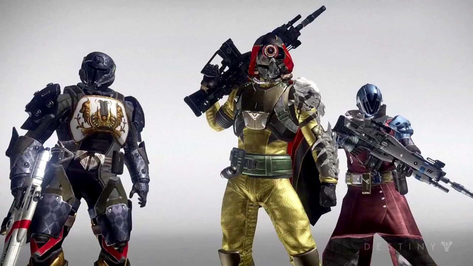 Destiny Characters 桌布 壁紙 — 三名身穿未來裝備的裝甲太空陸戰隊員，在純灰色背景前手持重型武器準備就緒。