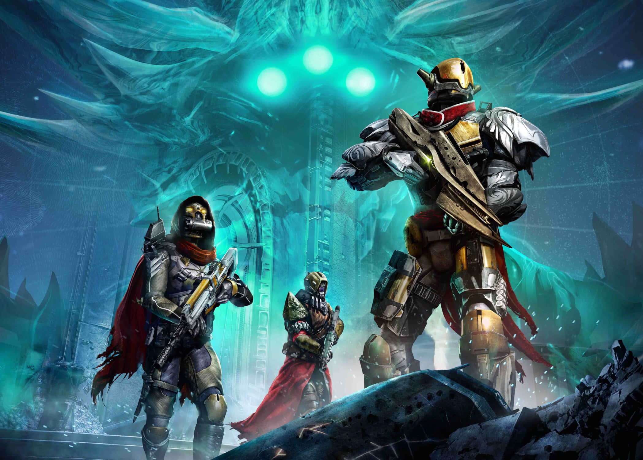 Destiny Characters 桌布 壁紙 — 三名身穿未來裝備的裝甲戰士，在一個發光的外星廢墟中準備就緒，周圍有漂浮的光點和鋸齒狀的建築。