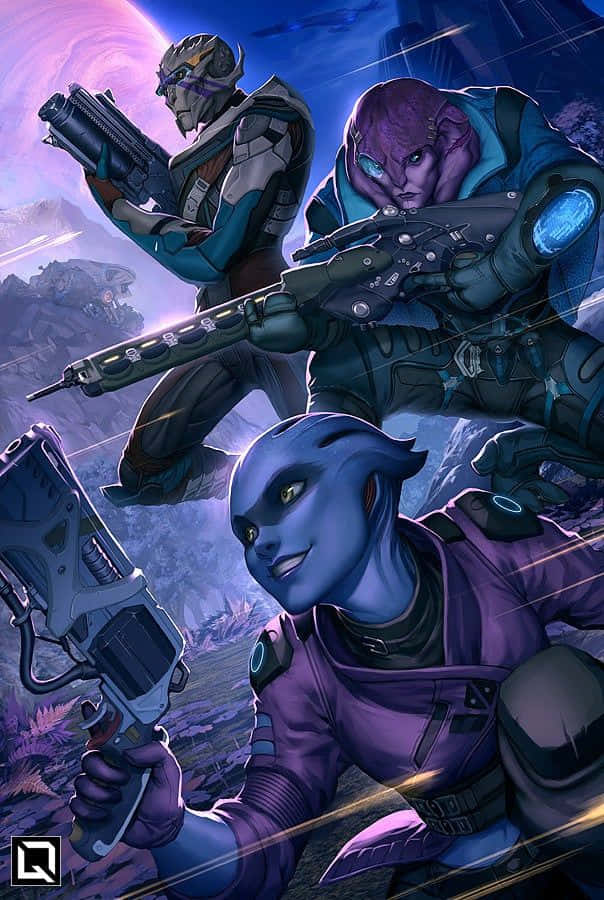 Mass Effect Trilogy 桌布 壁紙 — 三名身穿未來裝甲的外星戰士，在紫色行星與星軌的宇宙背景下，手持發光武器準備就緒。