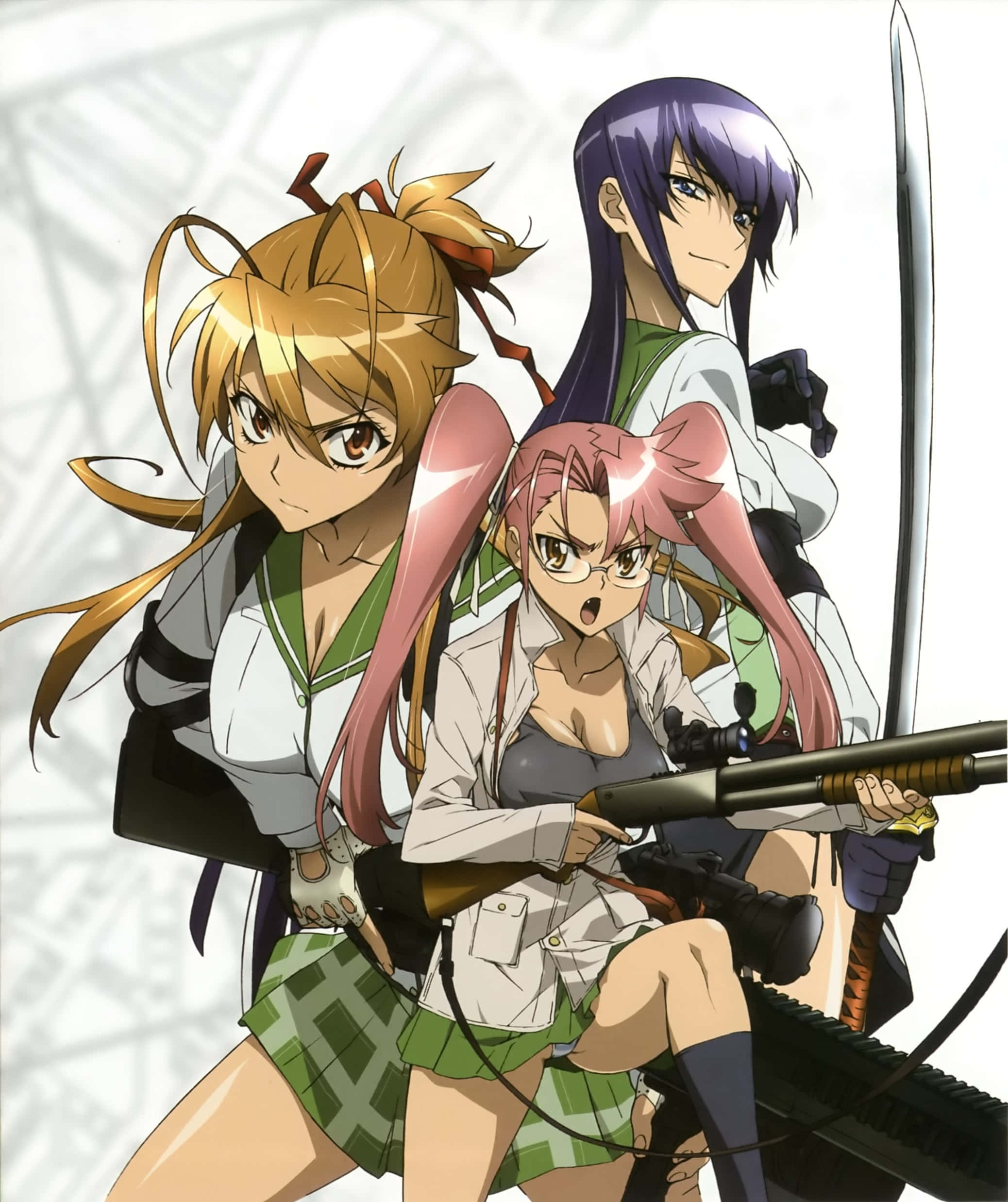 Highschool Of The Dead 桌布 壁紙 — 三名身穿校服的動畫女孩在幾何背景前揮舞槍械和劍。