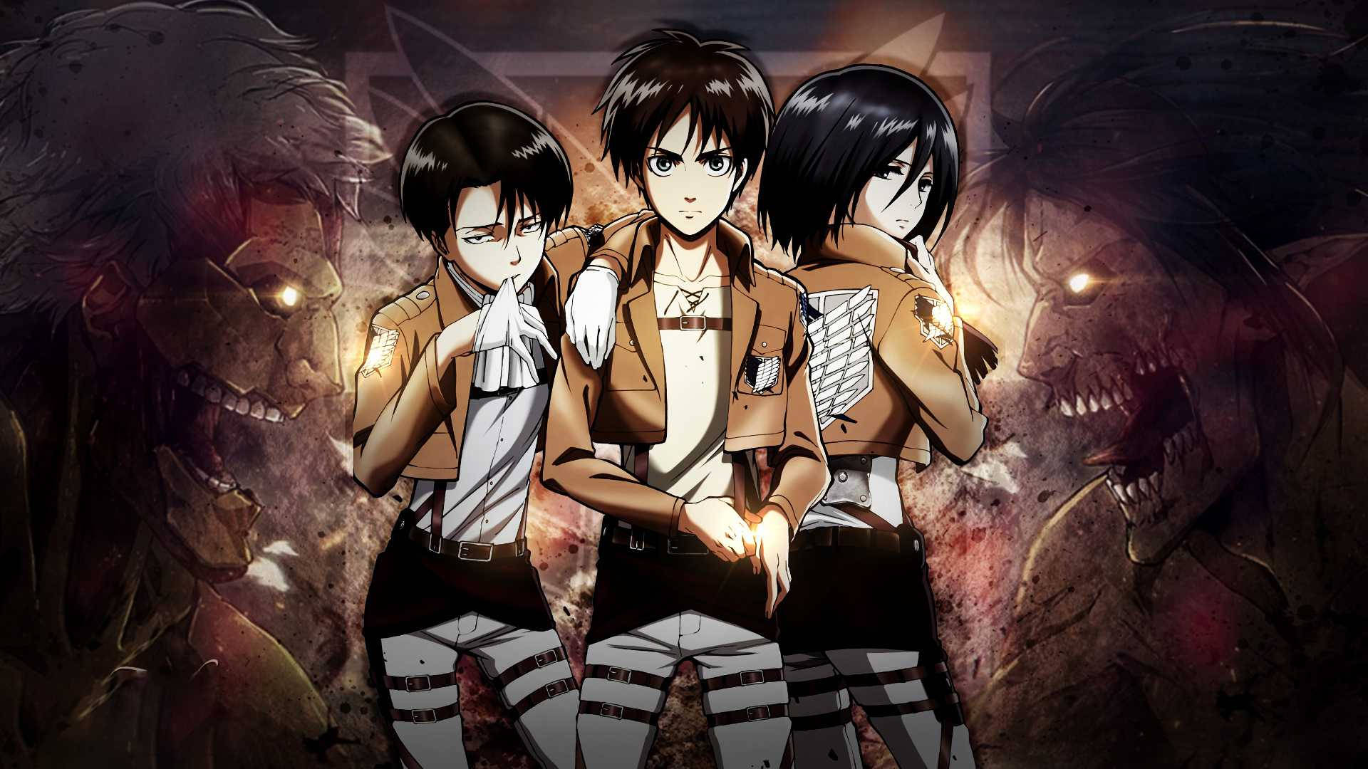 Attack On Titan Titan Eren 桌布 壁紙 — 三名身穿棕色制服、意志堅定的動畫士兵，在熾熱的戰鬥場景中，挑釁地對抗逼近的巨型泰坦。