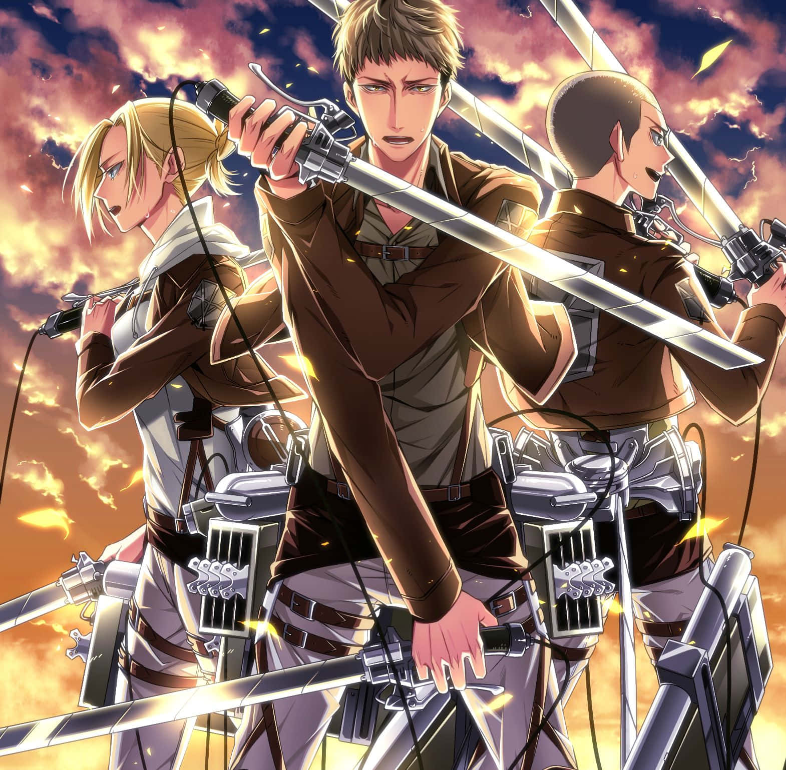 Great Titan War 桌布 壁紙 — 三名身穿棕色制服的動畫士兵在火花飛舞的熾熱日落天空下揮舞劍。