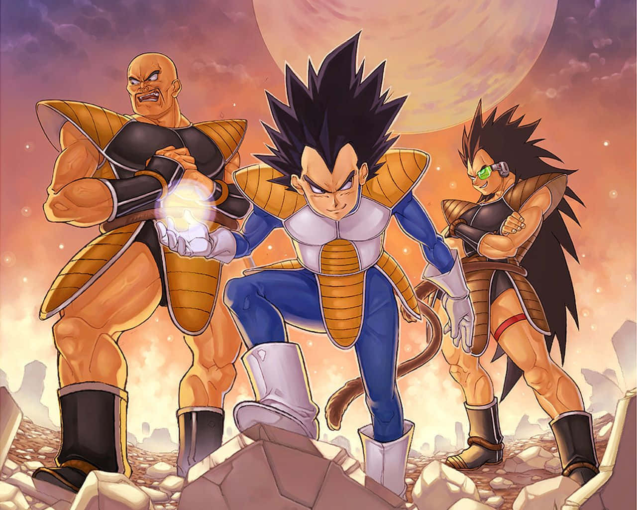 Raditz 桌布 壁紙 — 三名身穿橙色和藍色盔甲的肌肉發達動漫戰士，在發光行星下的瓦礫上挑釁地站立，拳頭緊握，眼中燃燒著戰鬥的怒火。