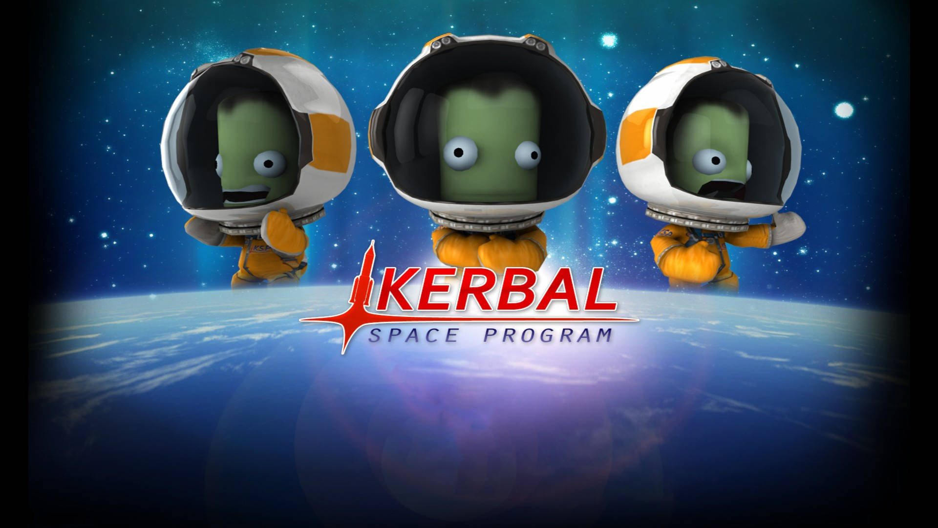 Program 桌布 壁紙 — 三名身穿橙色太空衣的綠色Kerbal太空人，在繁星點點的宇宙背景下漂浮於一顆藍色行星之上。
