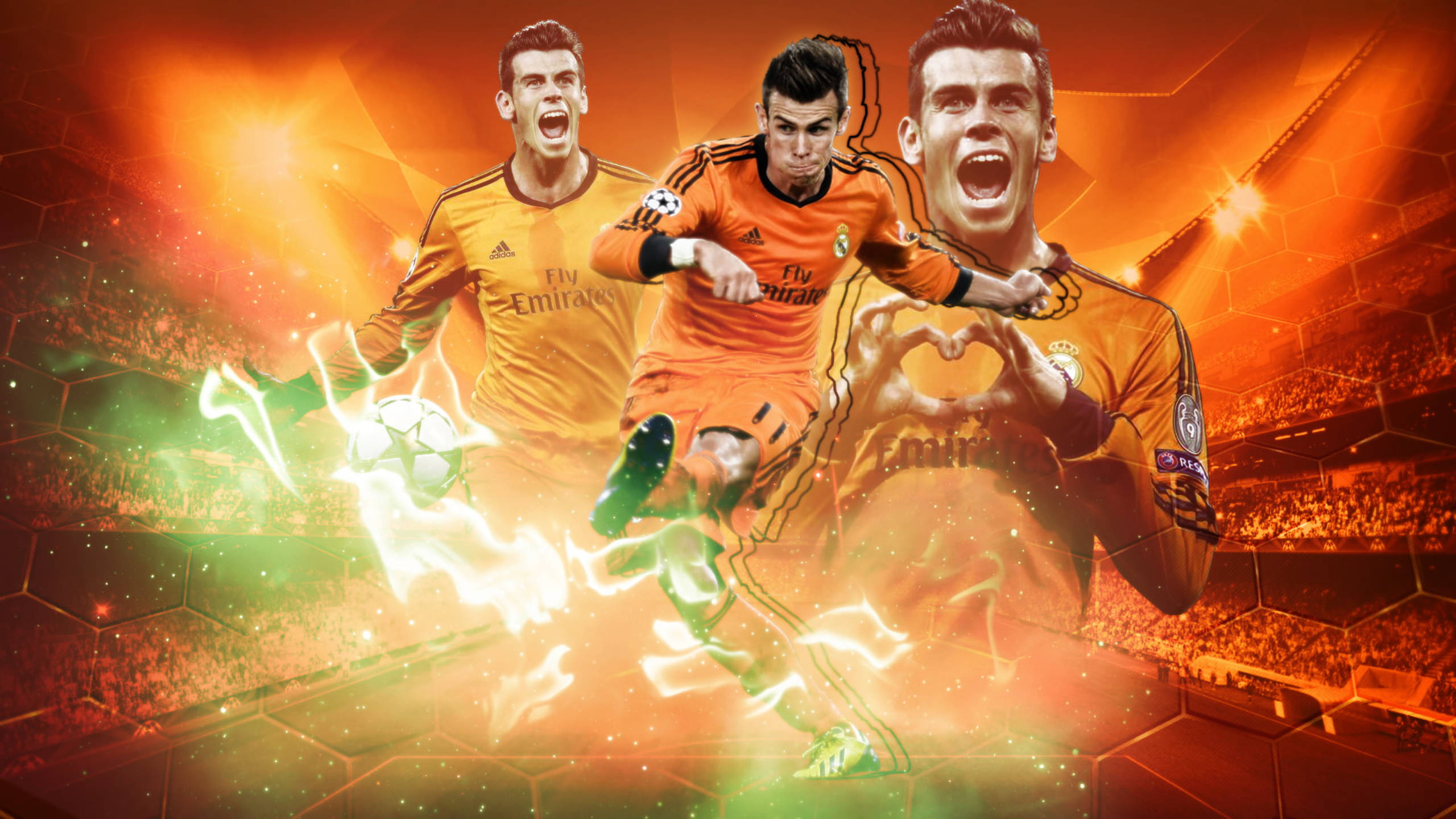 Gareth Bale 桌布 壁紙 — 三名身穿橙色球衣的足球運動員在發光的體育場背景下，以電力和心形手勢動態慶祝。